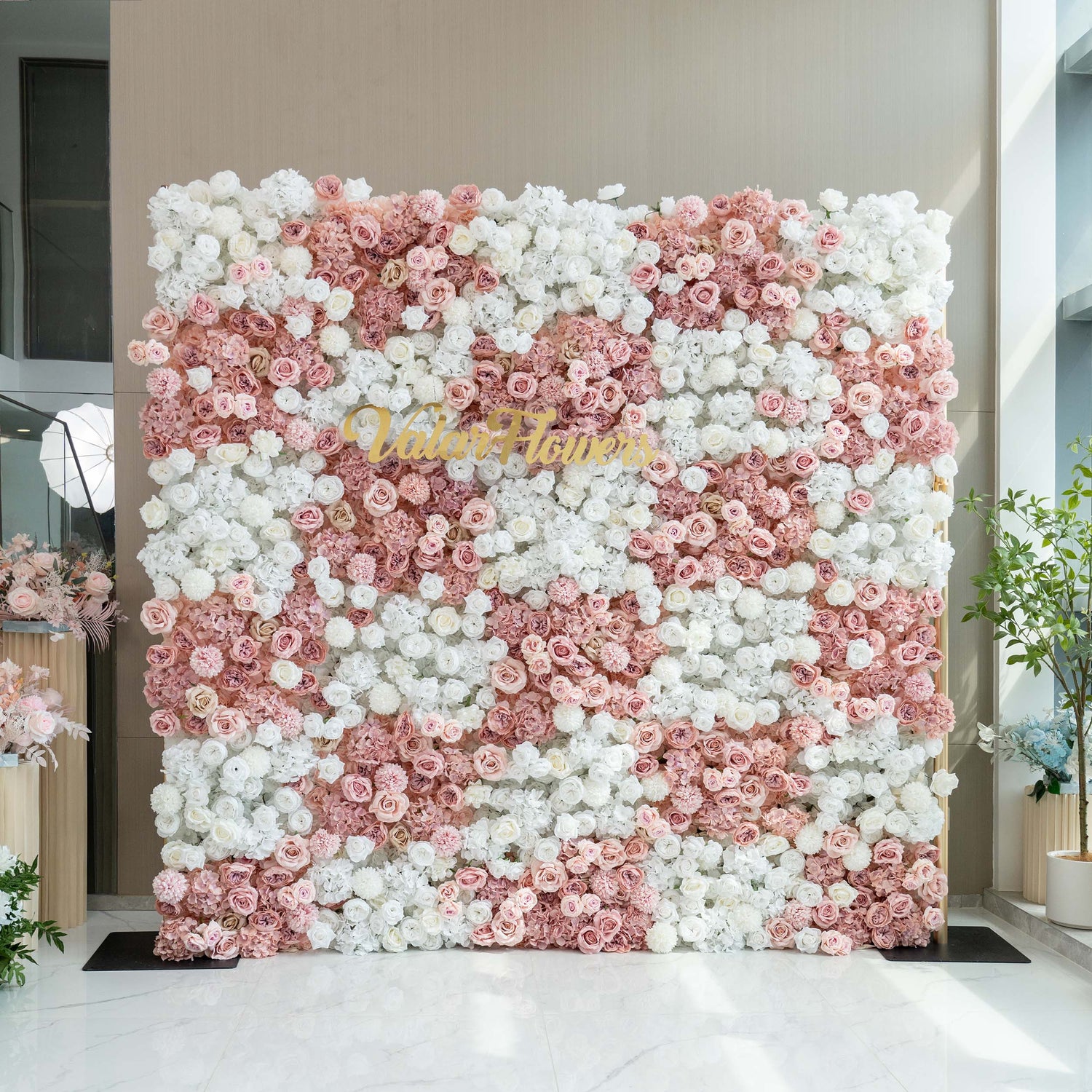 ValarFlowers presents a stunning floral wall with an artful blend of white and soft pink roses, creating an elegant and eye - catching backdrop.