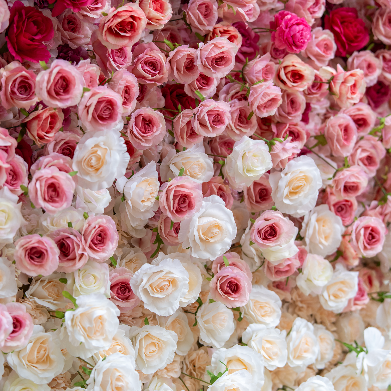 This backdrop features a dense, enchanting arrangement of artificial roses in a gradient of soft pink and white hues. The meticulously placed blooms create a romantic and elegant atmosphere, perfect for weddings or upscale events.