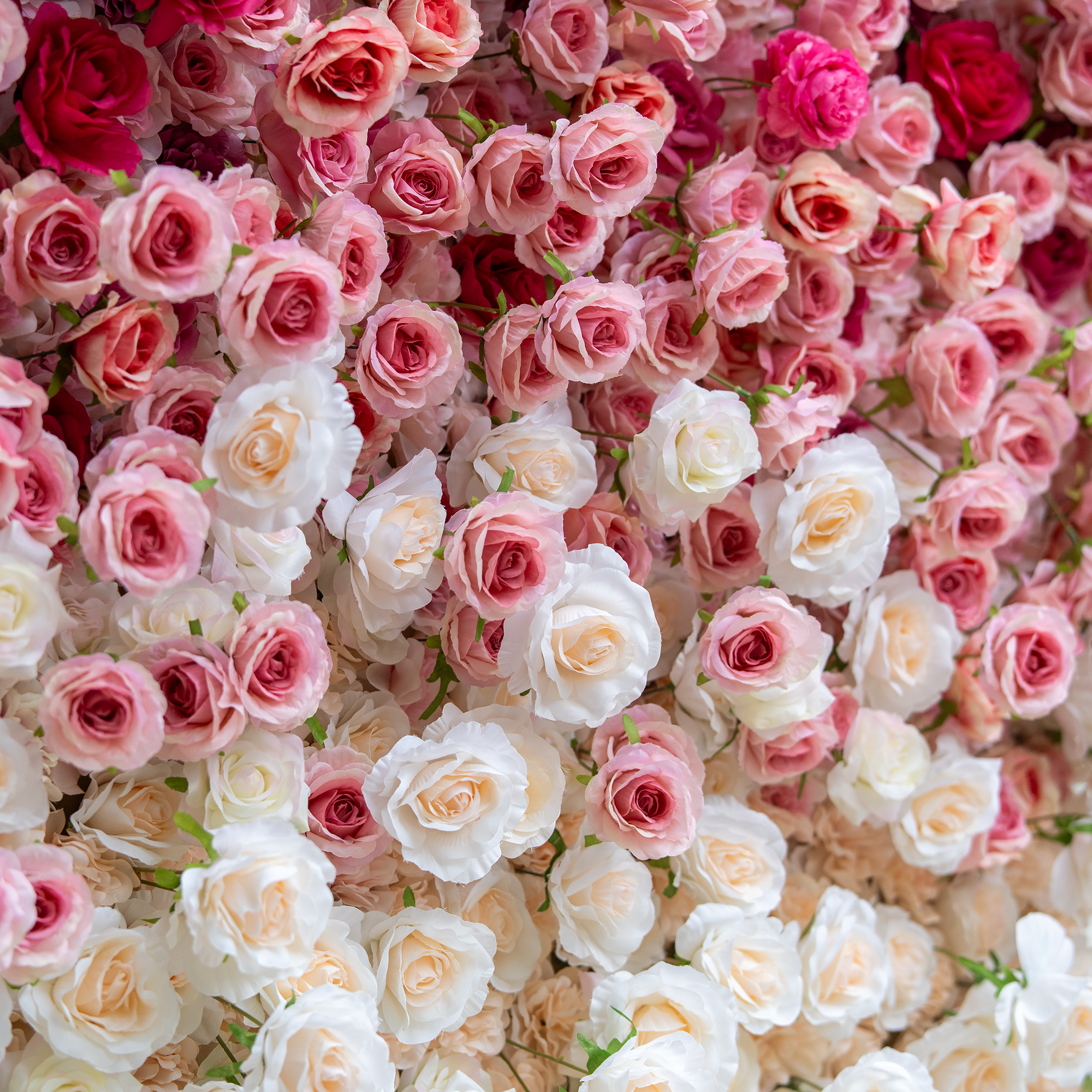 This backdrop features a dense, enchanting arrangement of artificial roses in a gradient of soft pink and white hues. The meticulously placed blooms create a romantic and elegant atmosphere, perfect for weddings or upscale events.