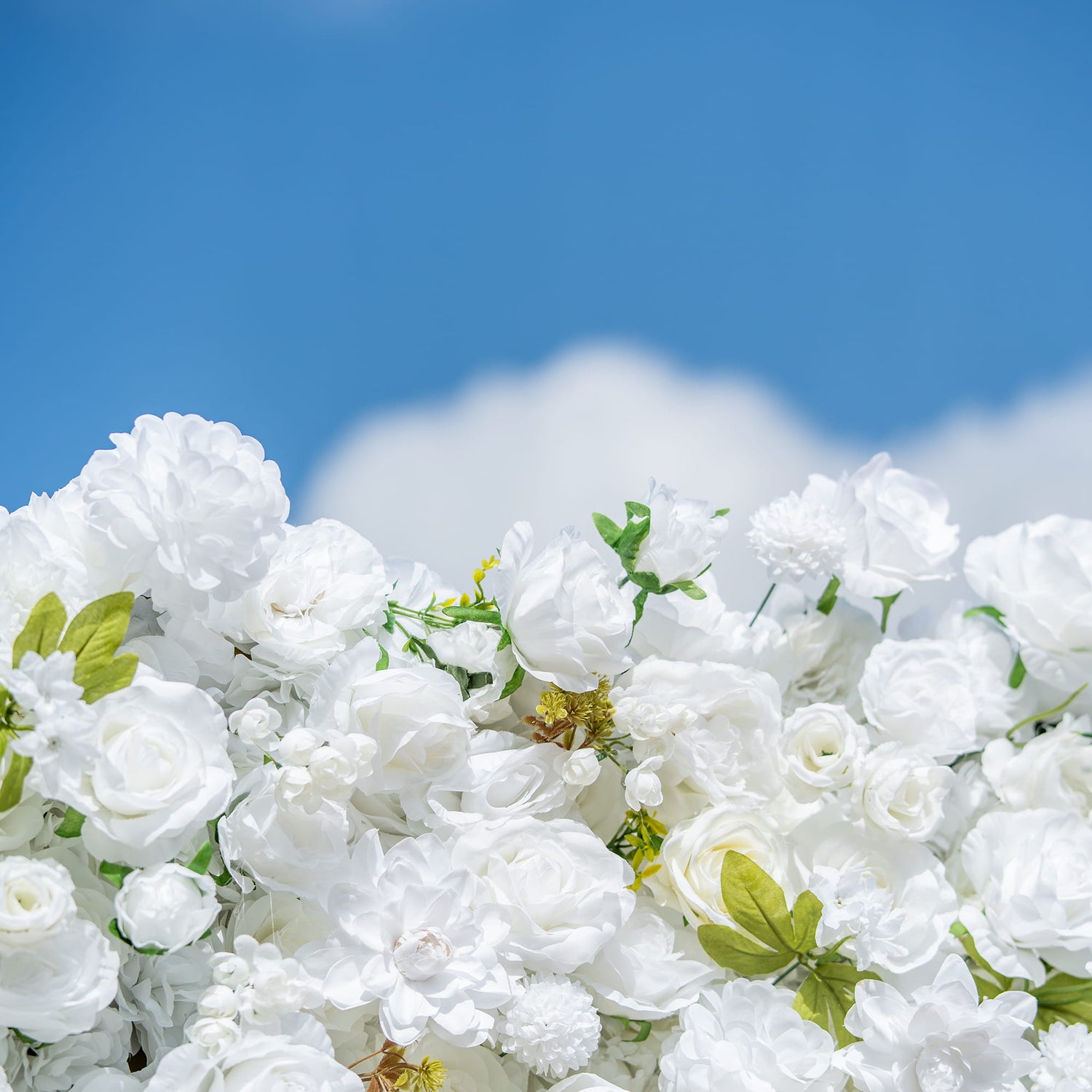 This floral backdrop features an array of artificial white flowers, predominantly roses, interspersed with some small - bud flowers and green leaves. The all - white color palette, complemented by the fresh green of the leaves, creates a clean, elegant, and pure style. Set against a clear blue sky, it exudes a sense of tranquility and sophistication, ideal for formal or romantic events.