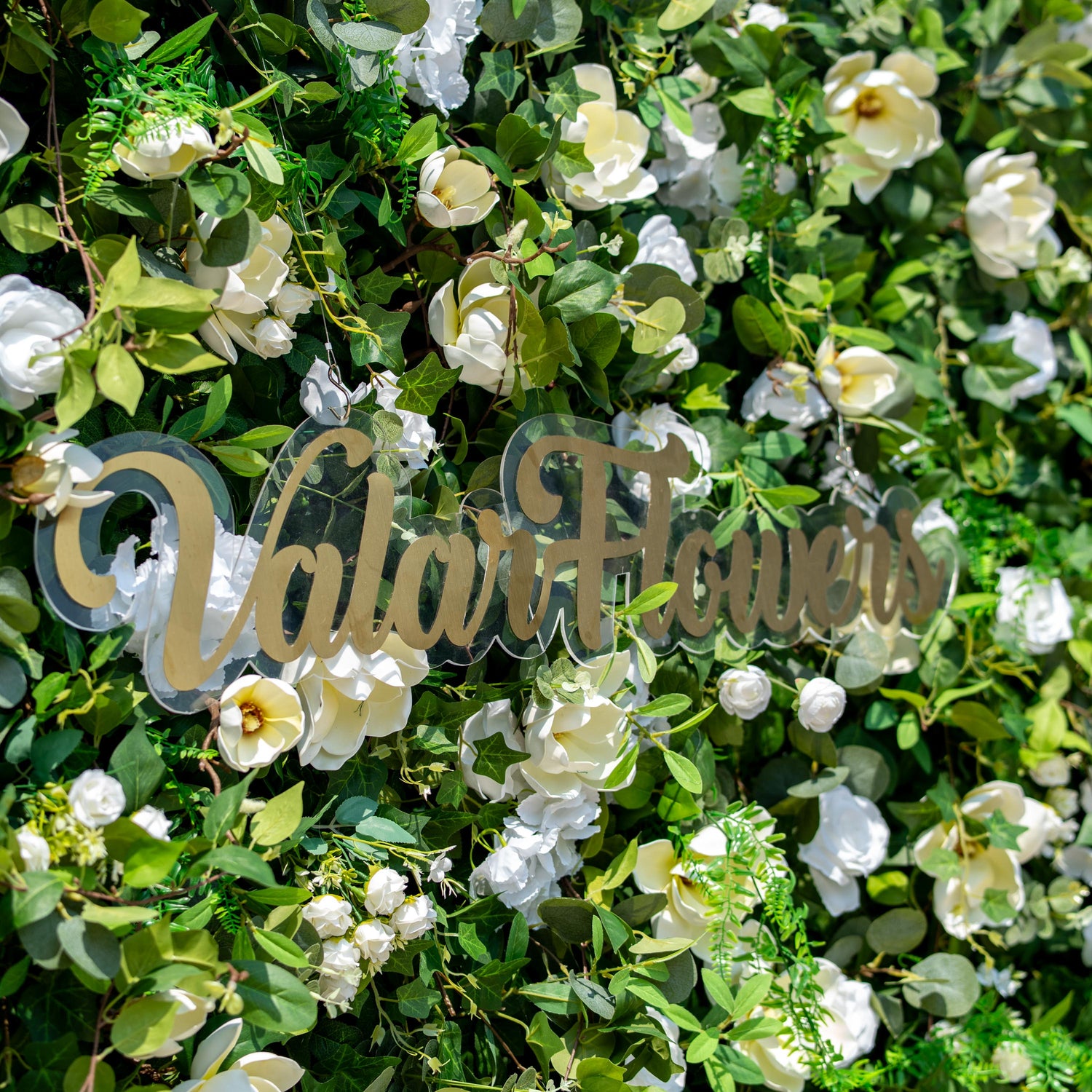 This backdrop is a lush floral arrangement featuring a mix of white roses and large, magnolia - like white blooms, set against a dense bed of green foliage that includes various types of leaves like eucalyptus. 
A golden - hued "Valar Flowers" sign is prominently displayed. The color scheme combines fresh green and pure white, creating a natural, elegant style, perfect for events such as weddings, corporate functions, or garden parties.
