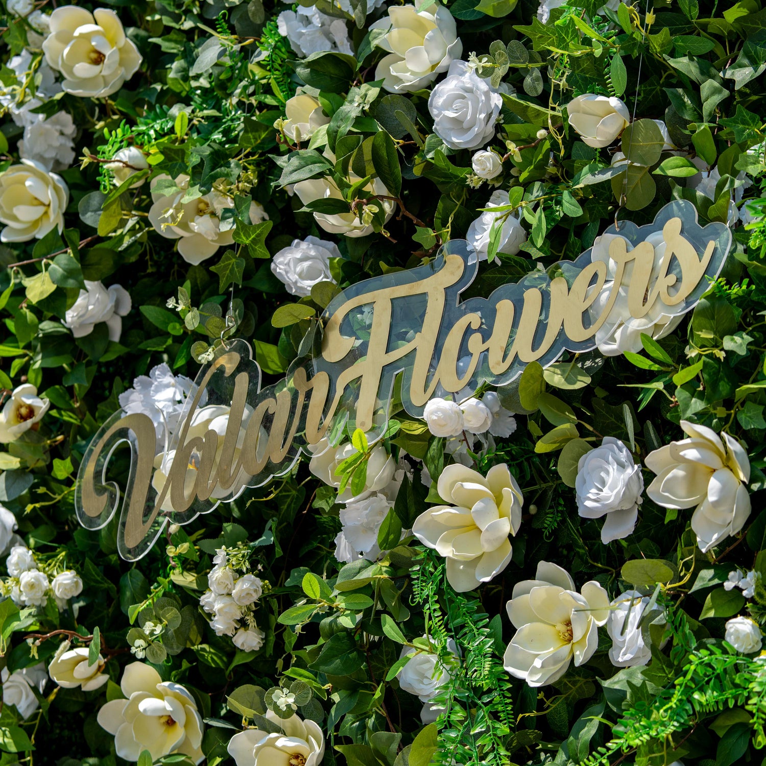 This backdrop is a lush floral arrangement with a mix of white roses, large magnolia - like blooms, and small white clusters resembling hydrangeas, all set against a dense green foliage. 
The color scheme is a combination of fresh green and pure white. A transparent sign with the text "Valar Flowers" in elegant golden script adds a touch of sophistication. The overall style is natural and elegant, perfect for events like weddings or garden parties.