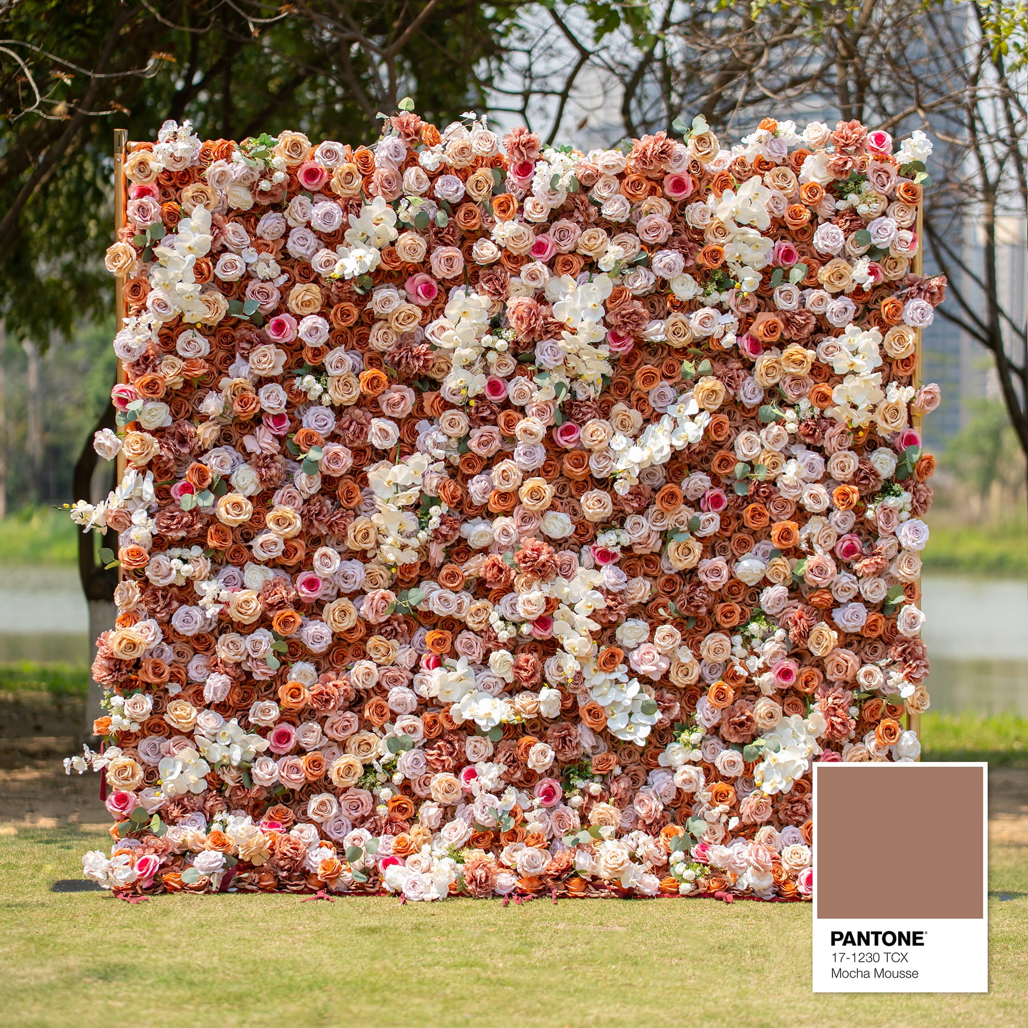 This backdrop features a warm, earthy theme color palette centered around shades of brown, beige, and white, with a Pantone reference of 17 - 1230 TCX (Mocha Mousse). It is densely filled with roses and orchids, perfect for elegant events like weddings or upscale garden parties.