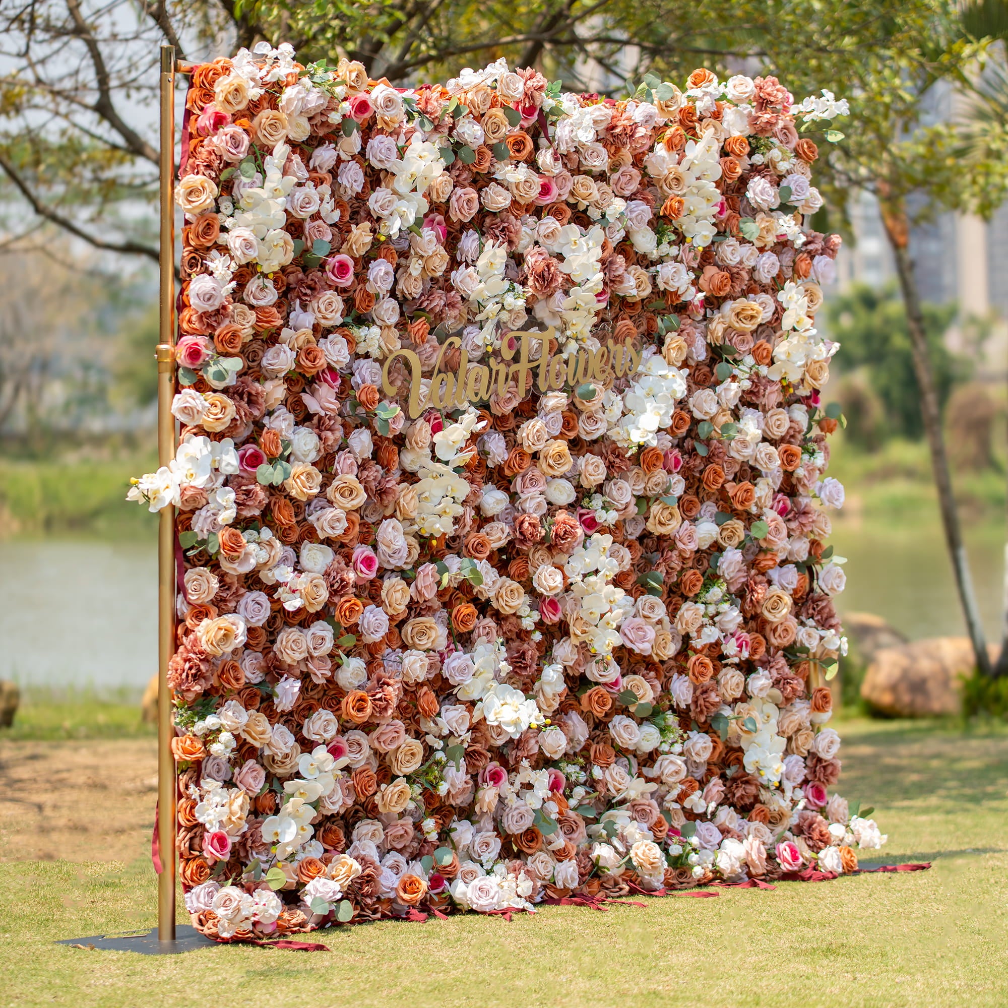 This backdrop showcases a warm, earthy theme with colors like brown, beige, and white. It is densely adorned with roses and orchids. Ideal for sophisticated events such as weddings, upscale garden parties, or elegant corporate functions.