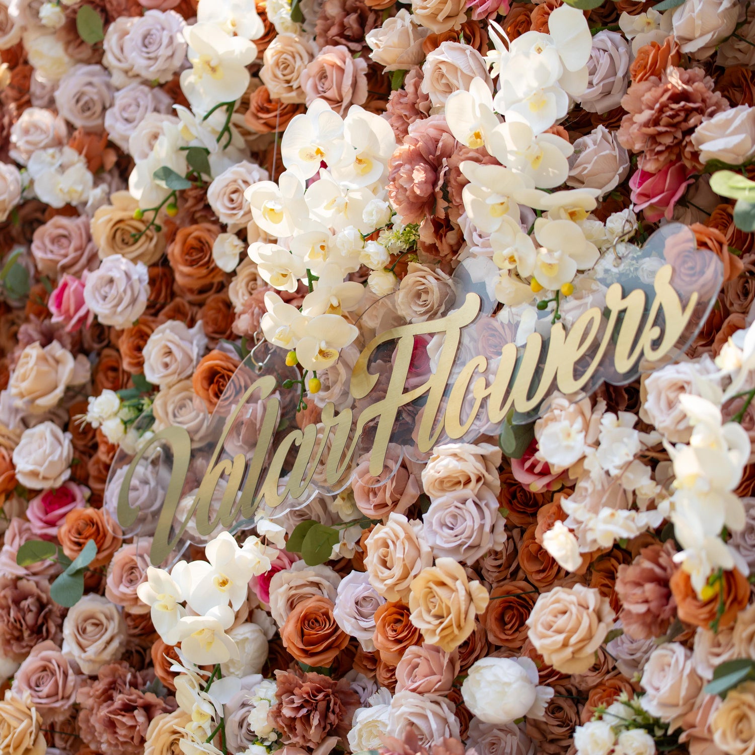 This backdrop has a warm, earthy theme color palette with shades of beige, cream, and soft brown. It is filled with roses and white orchids. Ideal for elegant events like weddings, upscale garden parties, and refined corporate functions.