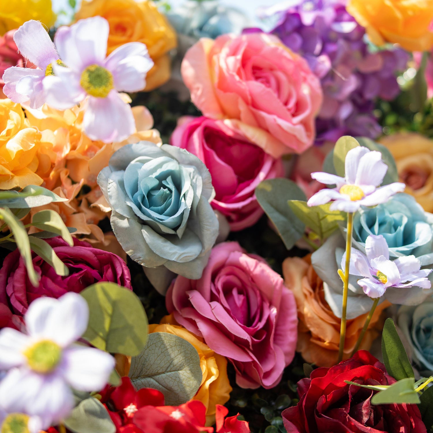 This backdrop features a vibrant theme with colors like pink, orange, yellow, red, purple, and blue. It includes roses and small daisy - like flowers. Ideal for lively occasions such as garden parties, outdoor festivals, or colorful - themed weddings.