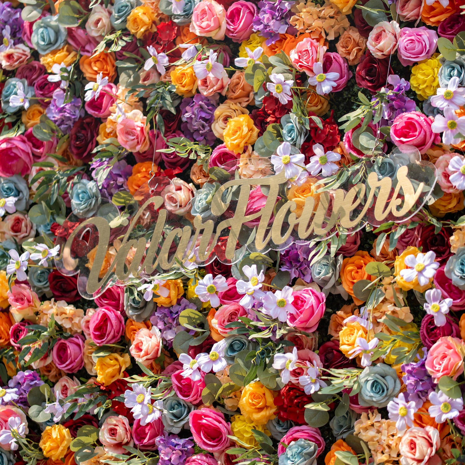 This backdrop bursts with a kaleidoscope of colors—pink, orange, yellow, red, purple, and blue. It features an abundance of roses and small daisy - like flowers. Ideal for festive events like outdoor weddings, garden parties, or celebratory galas.