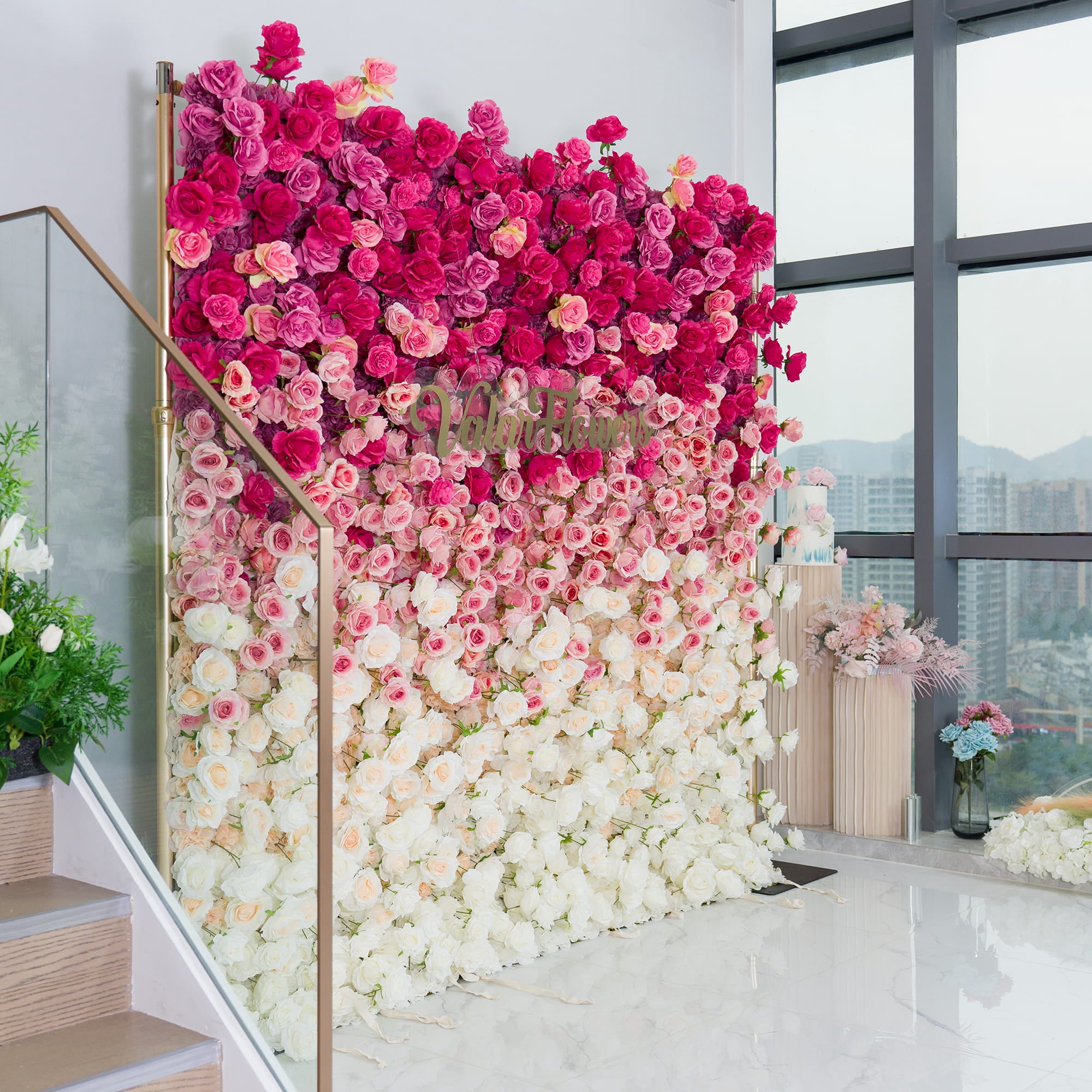 Valar Flowers Roll Up Fabric Artificial Red to White Gradient Flower Wall Wedding Backdrop, Floral Party Decor, Event Photography-VF-372-2