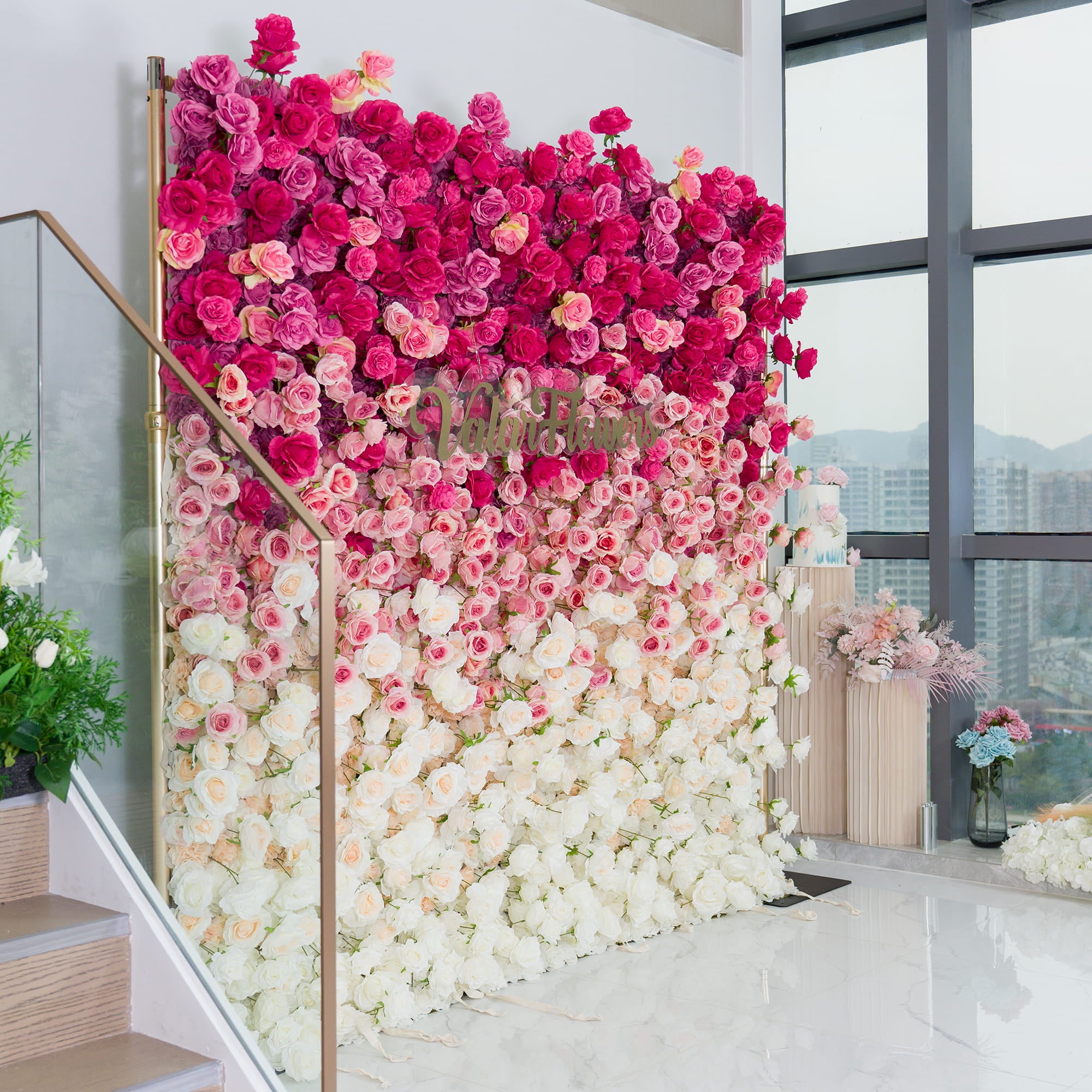 Valar Flowers Roll Up Fabric Artificial Red to White Gradient Flower Wall Wedding Backdrop, Floral Party Decor, Event Photography-VF-372-2