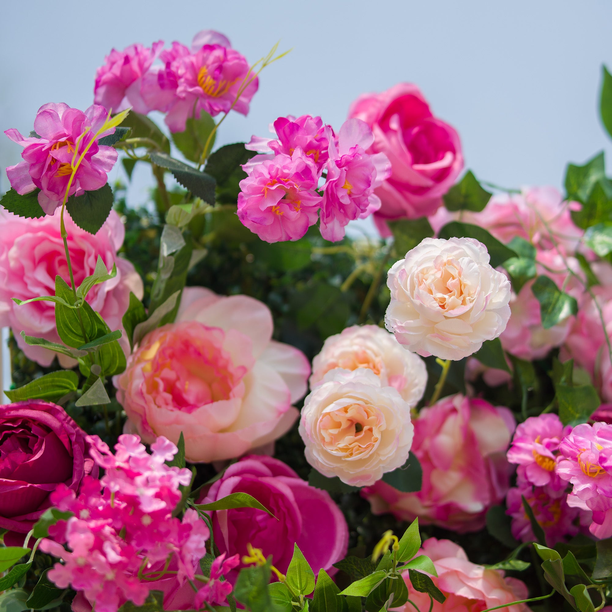 This photo showcases a vibrant arrangement of pink, deep - pink, and white roses, along with other assorted pink flowers, all set against a backdrop of green foliage. The rich, colorful blooms create a lively and romantic atmosphere. Ideal for events such as a "Pink Passion Prom" or a spring - themed outdoor celebration, it combines the charm of roses with a burst of color, making it a perfect decorative choice for festive and joyous occasions.