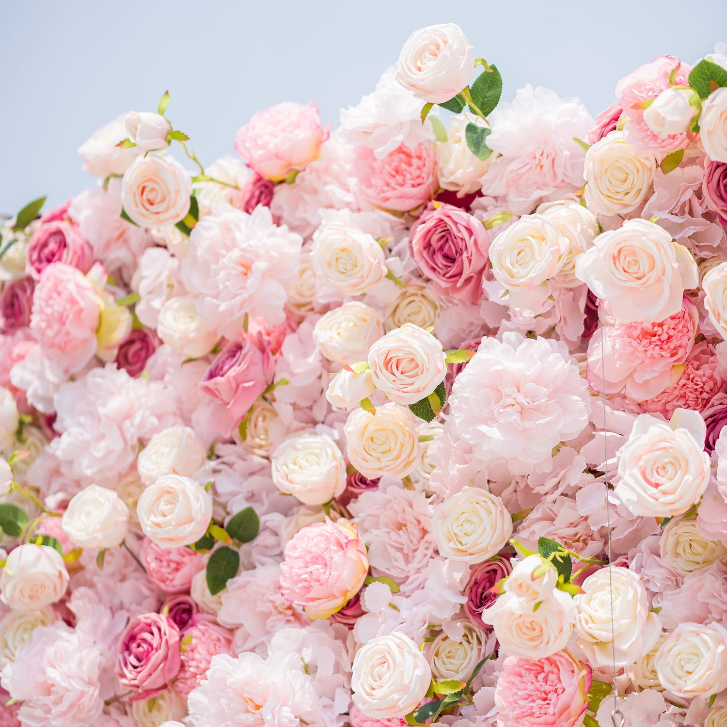 This photo from ValarFlowers showcases a dense and dreamy floral display. It is composed of an abundance of roses and peonies in various shades of pink and cream. The soft, delicate petals of these flowers create a visually captivating and romantic scene. This arrangement is perfect for events like weddings, bridal showers, or other celebrations centered around love and beauty, exuding elegance and charm.