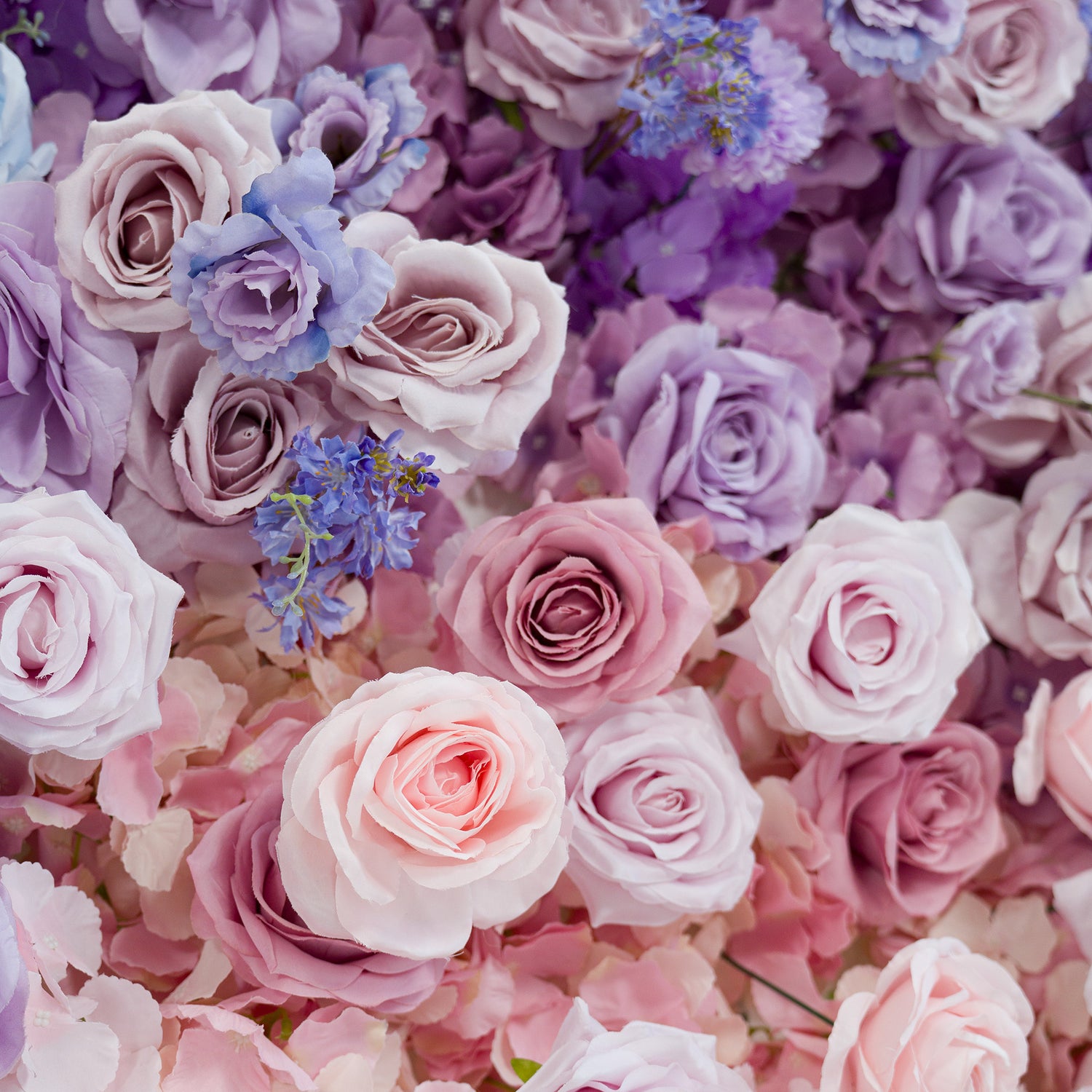 This photo showcases a lush arrangement of roses in soft pastel shades—pale pink, lavender, and light purple. Small blue delphinium - like flowers add contrast. The color theme creates a romantic, dreamy vibe, perfect for weddings, bridal events, or elegant gatherings. The gradient of gentle hues, combined with the varied rose blooms, forms a sophisticated, visually appealing display ideal for capturing memorable moments at upscale celebrations.