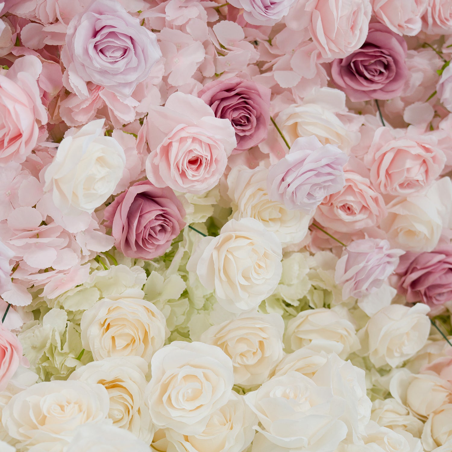 This photo features a lush floral wall with roses and hydrangeas in soft pastel tones—blush pink, lavender, cream, and white. The color theme creates a romantic, elegant vibe, perfect for weddings, bridal showers, or upscale events. The delicate hues blend seamlessly, forming a dreamy, sophisticated backdrop ideal for capturing memorable moments, adding a touch of natural beauty and refined charm to any celebration.