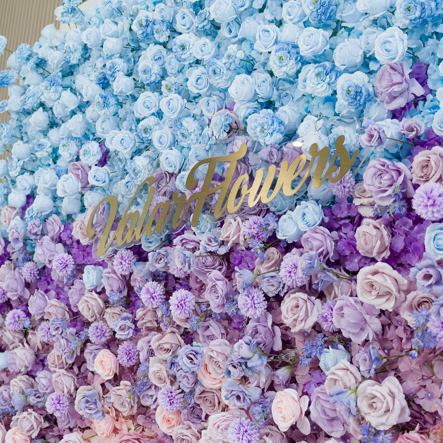 This vibrant floral wall features a mix of roses, chrysanthemums, and small blue blooms. The color theme transitions from sky - blue at the top to purple and pink below, creating a dreamy, elegant vibe. A gold “ValarFlowers” sign adds sophistication. Perfect for weddings, galas, or brand events, it serves as a photo - worthy backdrop, blending natural beauty with polished design to elevate any occasion.