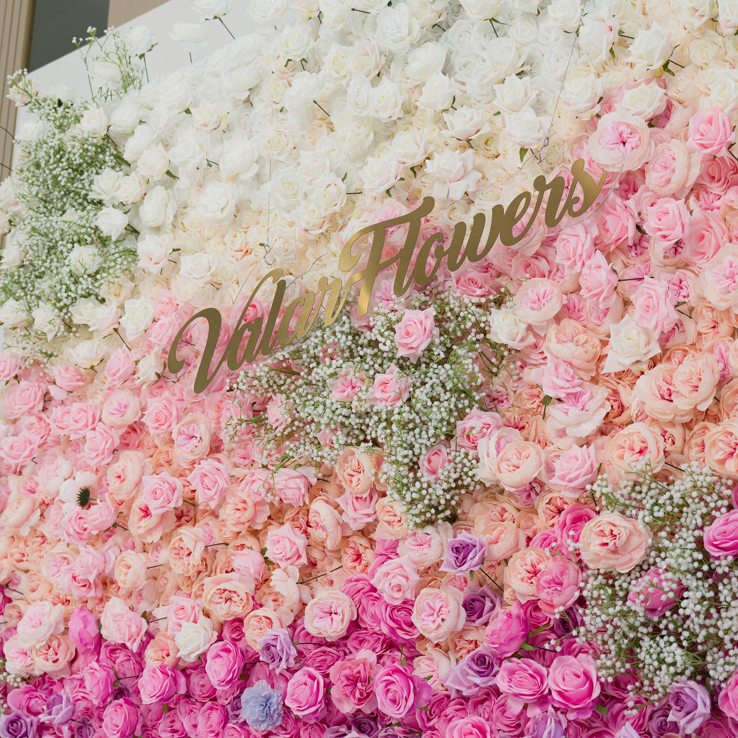 This stunning floral wall features white roses, baby’s breath, and gradient pink/purple blooms. The color theme—soft white to blush to deep pink/purple—creates a romantic, elegant vibe. Perfect for weddings, events, or brand activations, the “ValarFlowers” gold sign adds sophistication, blending natural beauty with a polished aesthetic.