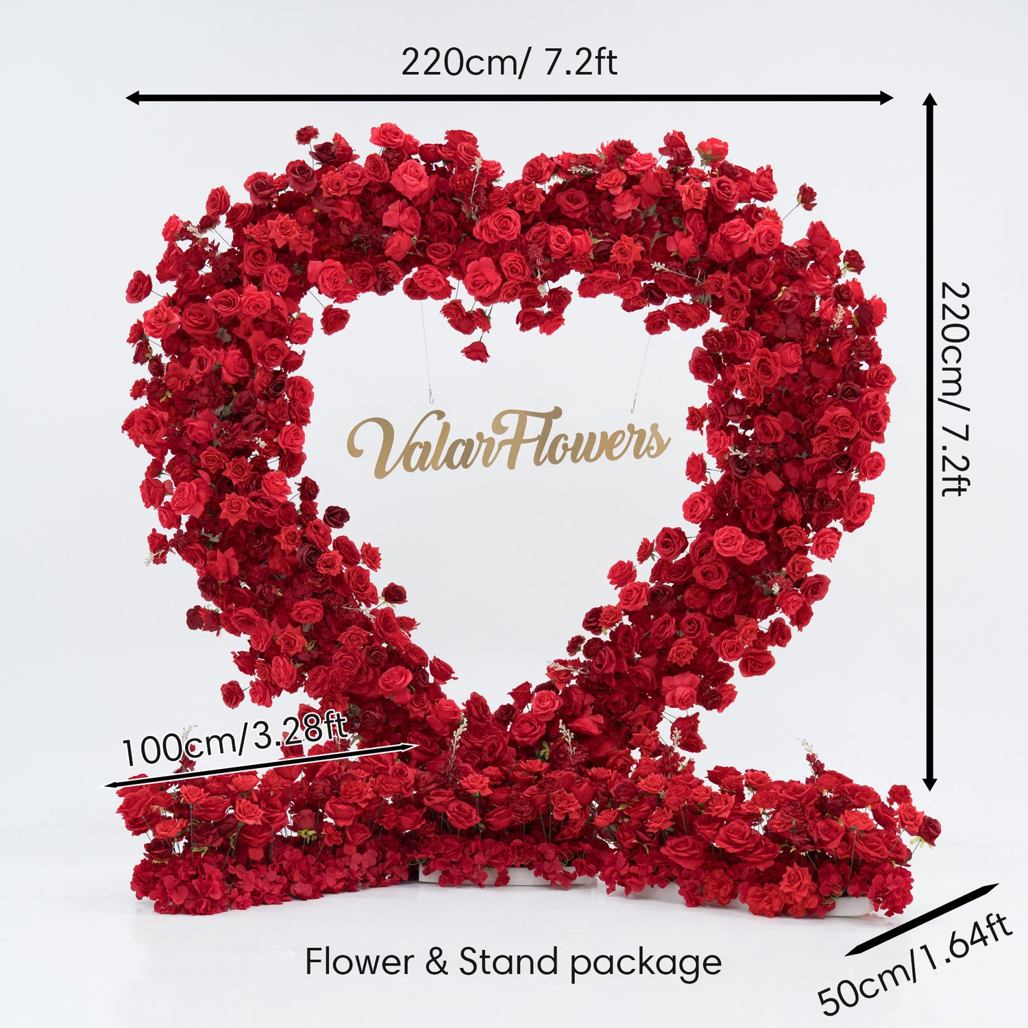 This is a large heart - shaped flower arrangement made of red roses. It has "Valar Flowers" in gold in the center. Dimensions: 220cm (7.2ft) height and width, 100cm (3.28ft) and 50cm (1.64ft) marked. It&