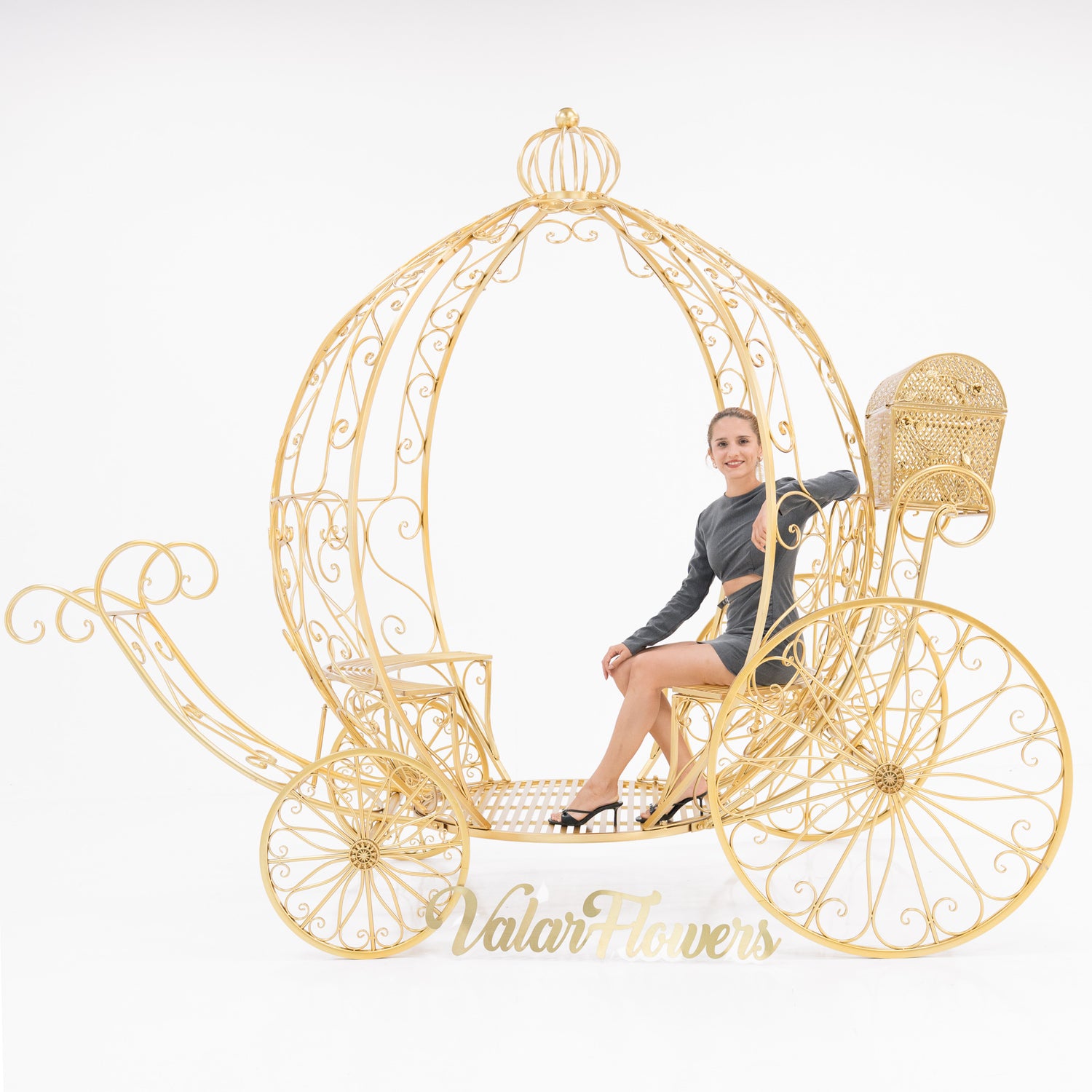 A life - size, Disney - style gold carriage with intricate wrought - iron scrollwork. A woman in a gray outfit sits inside, highlighting its fairy - tale charm. “ValarFlowers” branding adds a touch, perfect for magical, themed events.
