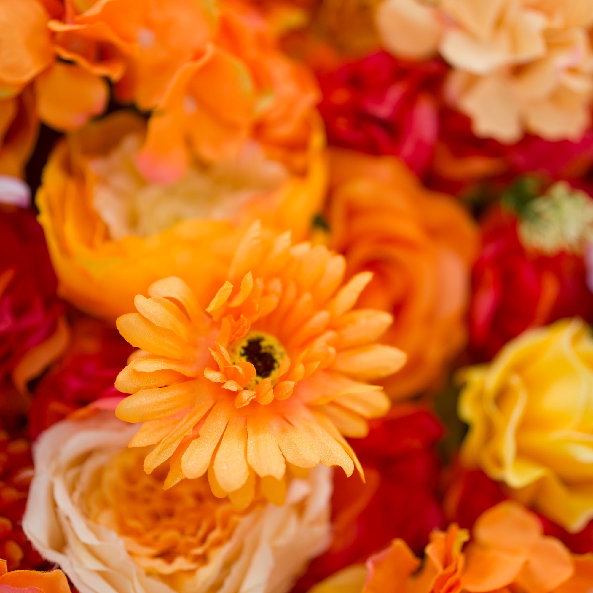 This image showcases a vibrant section of a floral backdrop by Valar Flowers, featuring a dense arrangement of artificial flowers in warm shades of orange, peach, red, and hints of yellow. The textured display, with varied blooms like gerberas and roses, exudes energy and warmth. Perfect for adding a bold, nature-inspired element to events or interiors, it highlights the brand’s craftsmanship in creating eye-catching, sophisticated decor.