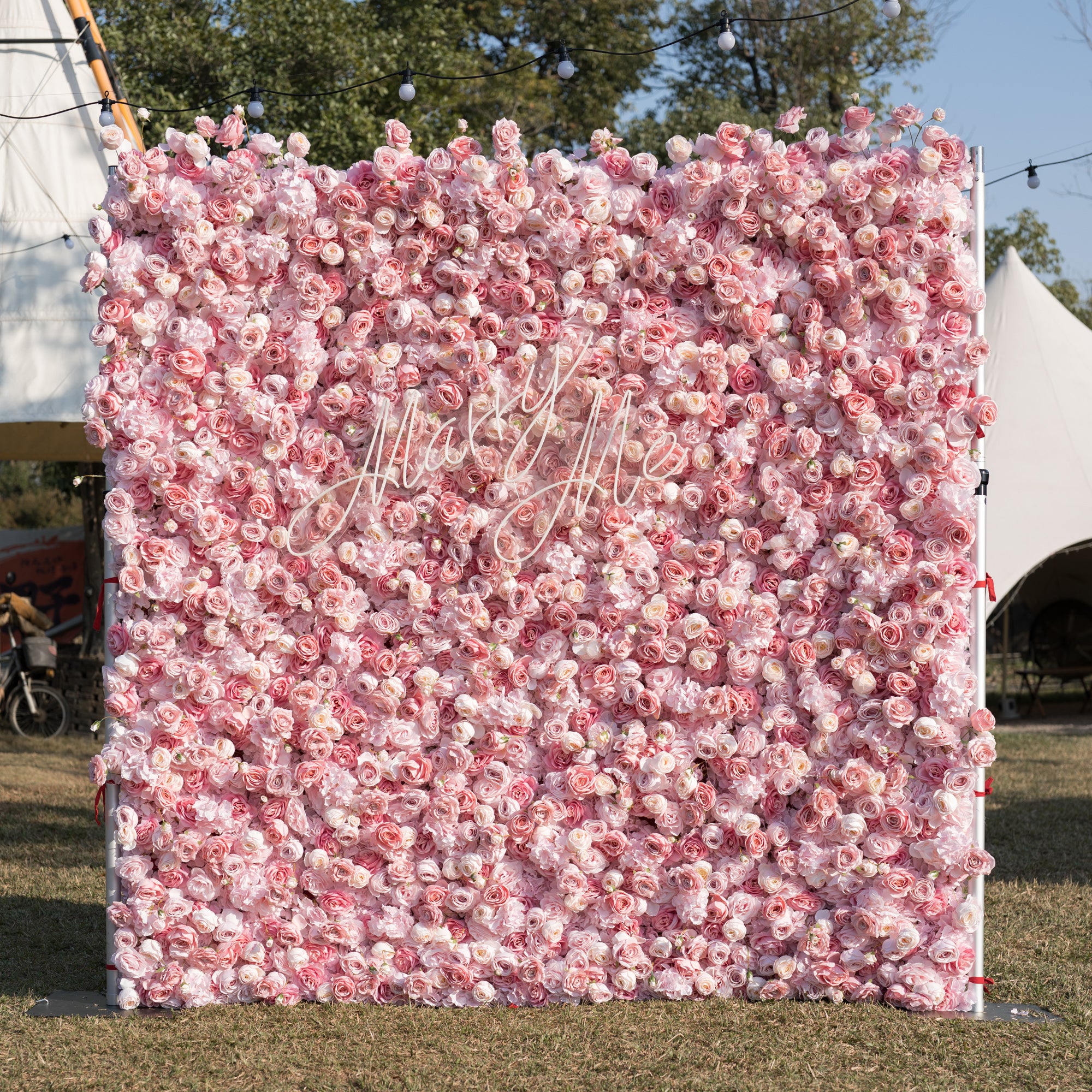This outdoor backdrop (set on grass, with tents and string lights in the background) is a dense wall of soft pink roses and peonies. A delicate, cursive "Marry Me" sign is nestled within the blooms, amplifying the romantic, dreamy vibe. The blush-toned display exudes warmth and charm, perfect for proposal setups, garden weddings, or intimate romantic events.