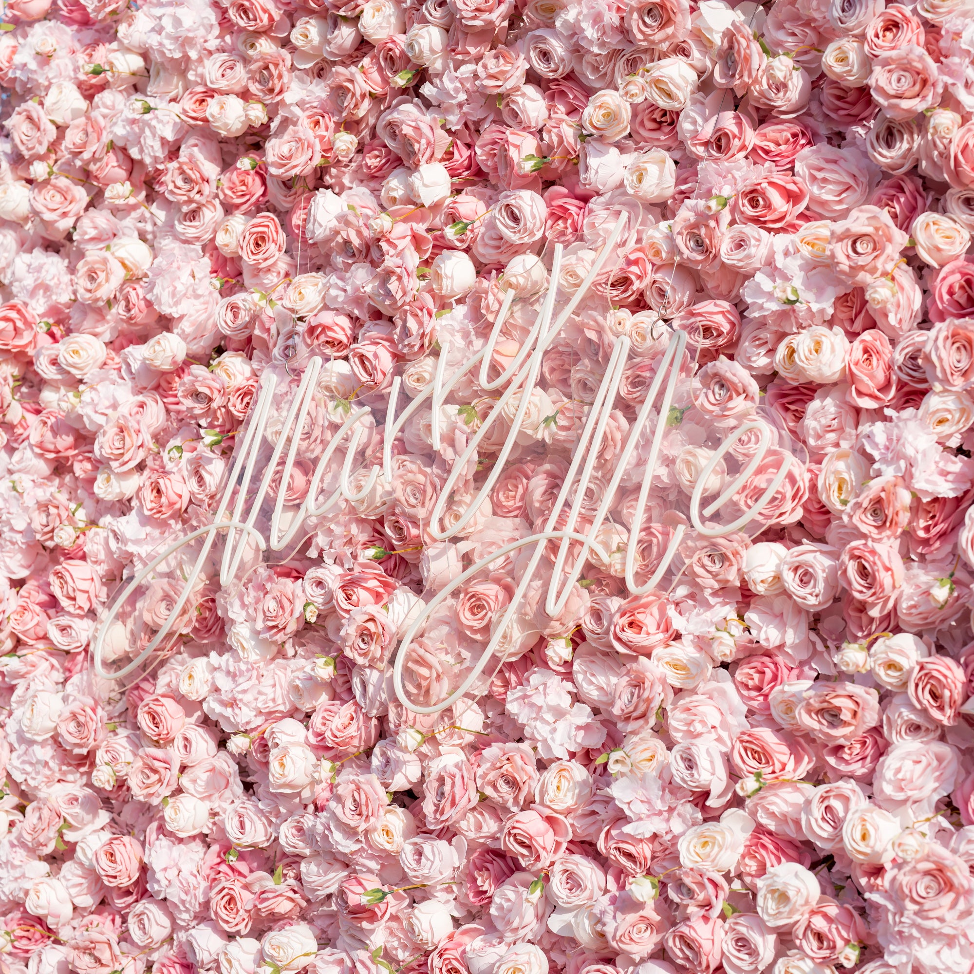 This backdrop is a dense wall of soft pink and ivory roses, layered to create a lush, romantic texture. Nestled within the blooms is a delicate, cursive "Marry Me" sign, amplifying the dreamy, feminine vibe. Set against the full floral display, the scene exudes timeless elegance—perfect for proposal setups, wedding decor, or intimate romantic events.