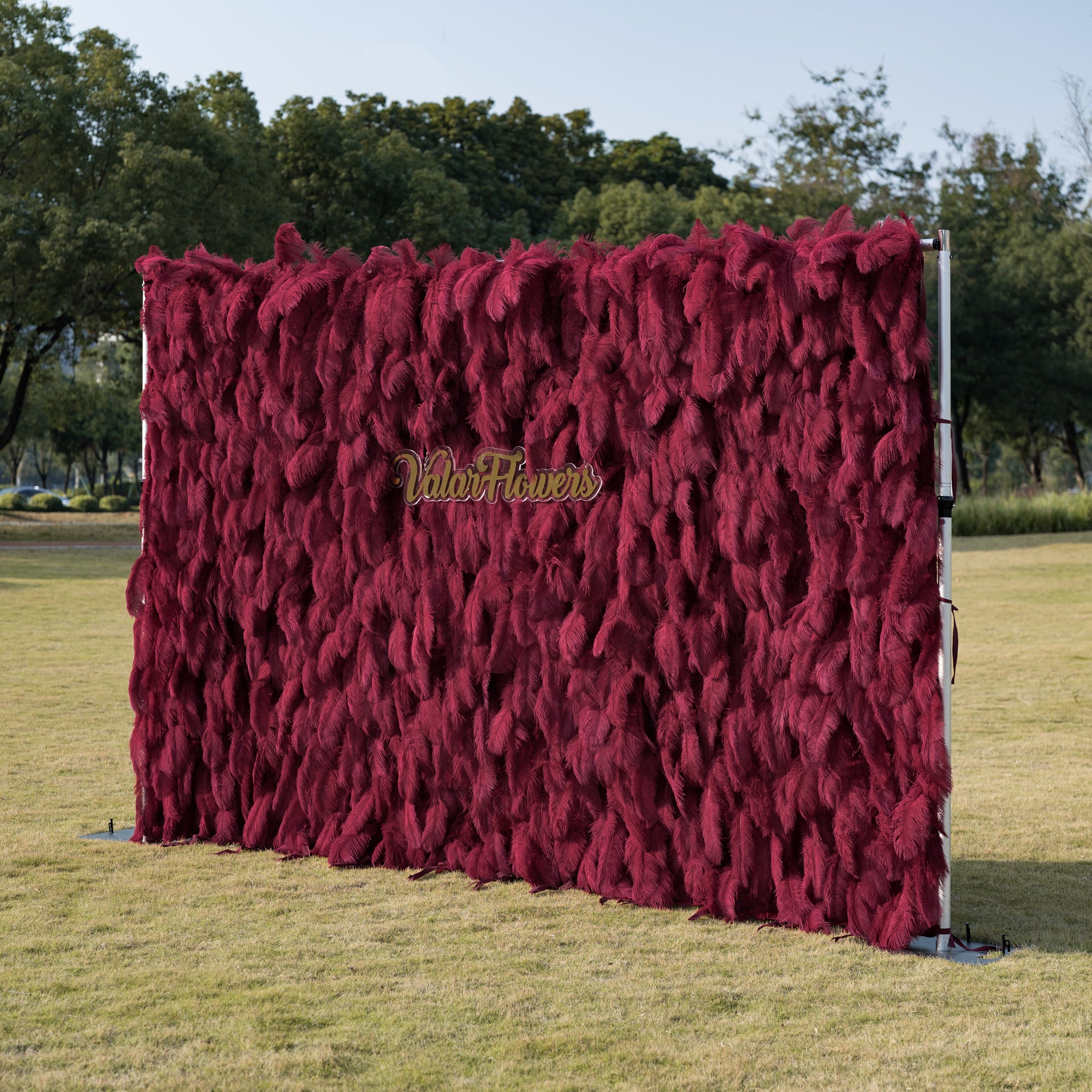This luxurious 12x8ft (3.6x2.4m) outdoor backdrop features a dense wall of deep burgundy ostrich feathers, creating a plush, velvety texture with rich vertical depth. Centered on the surface, a glossy gold cursive logo reads “ValarFlowers,” adding a refined, elegant touch. It stands on a sunlit green lawn, framed by trees under a clear sky, making it an opulent, eye-catching focal point for weddings, brand activations, or upscale outdoor events.