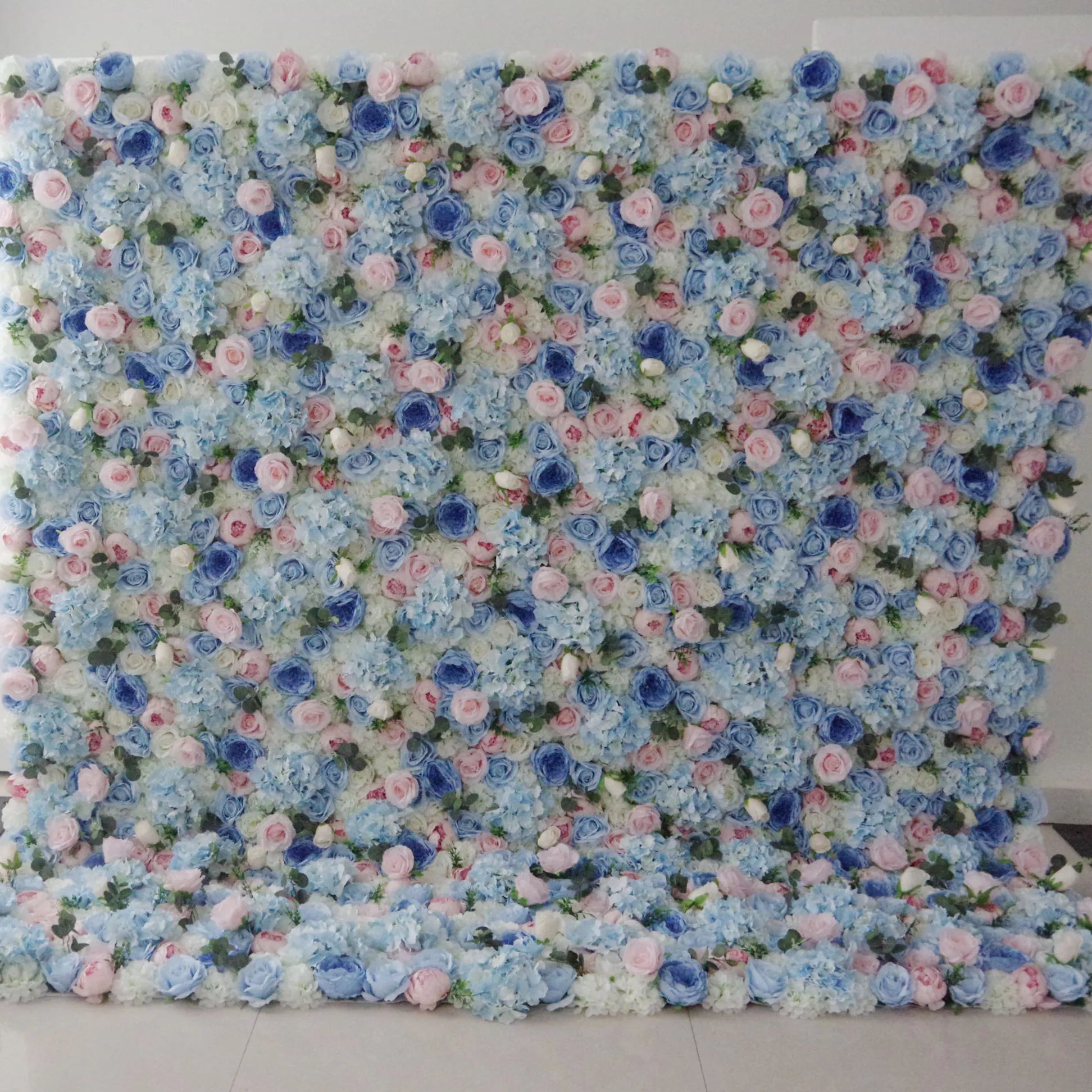 Valar Flowers ロールアップ生地 人工ベビーブルー、ピンク、ホワイトの花柄ウォールウェディングバックドロップ、花柄パーティーデコレーション、イベント写真撮影用-VF-081