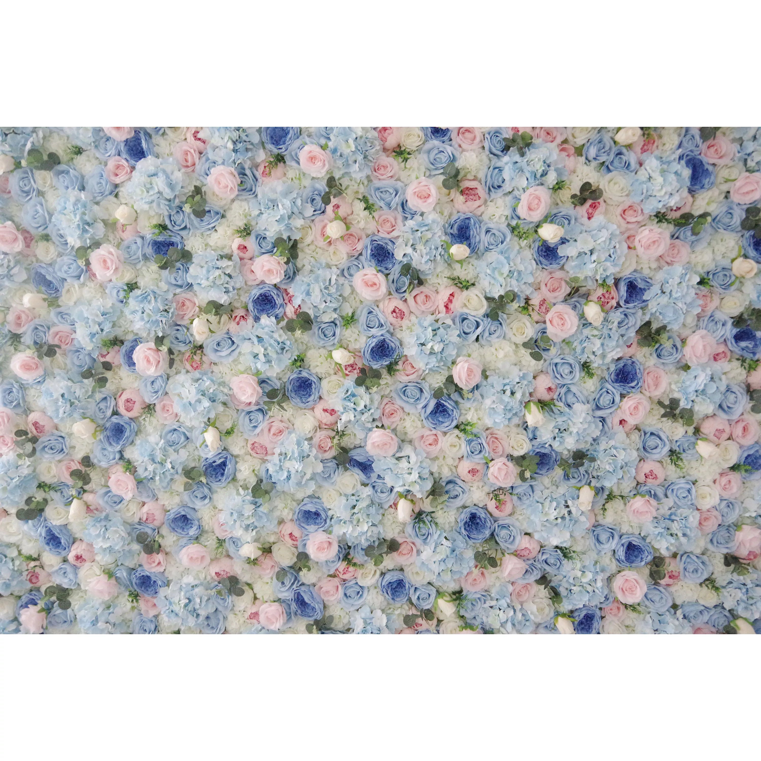 Valar Flowers ロールアップ生地 人工ベビーブルー、ピンク、ホワイトの花柄ウォールウェディングバックドロップ、花柄パーティーデコレーション、イベント写真撮影用-VF-081
