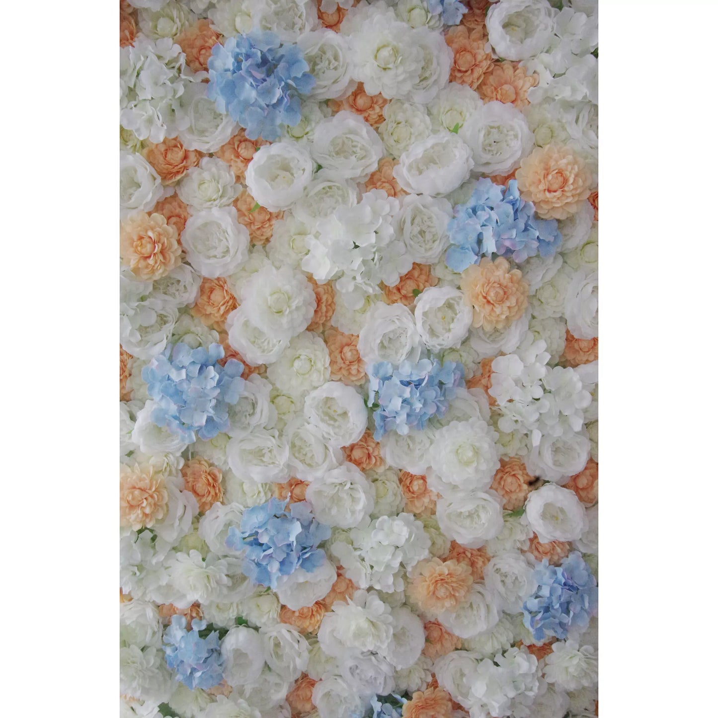 ValarFlowers artificial flower wall with orange, white, baby blue roses, peonies and hydrangeas - wedding event backdrop