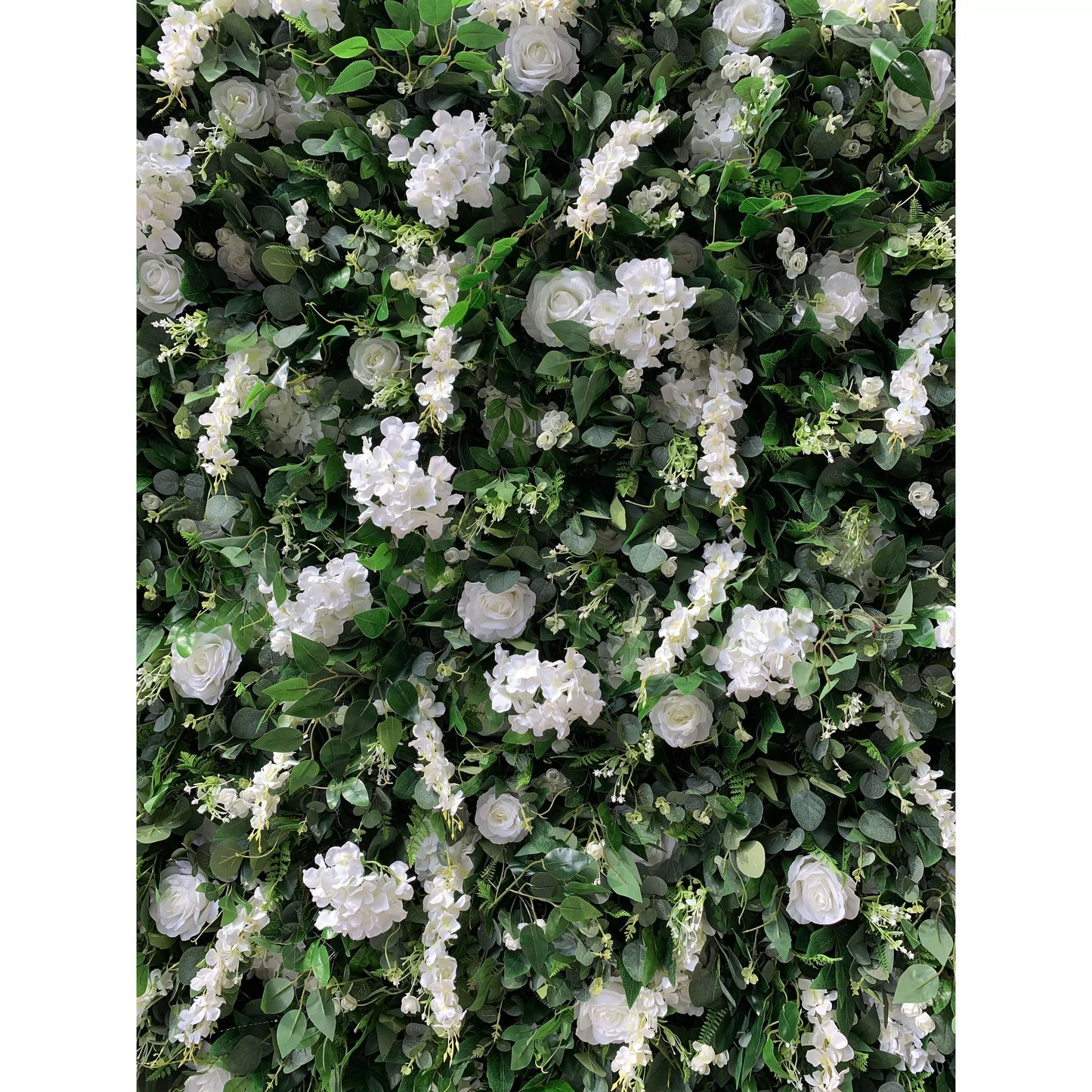 ValarFlowers white silk flower wall panel with hydrangeas and greenery for wedding ceremony, party, photo booth backdrop