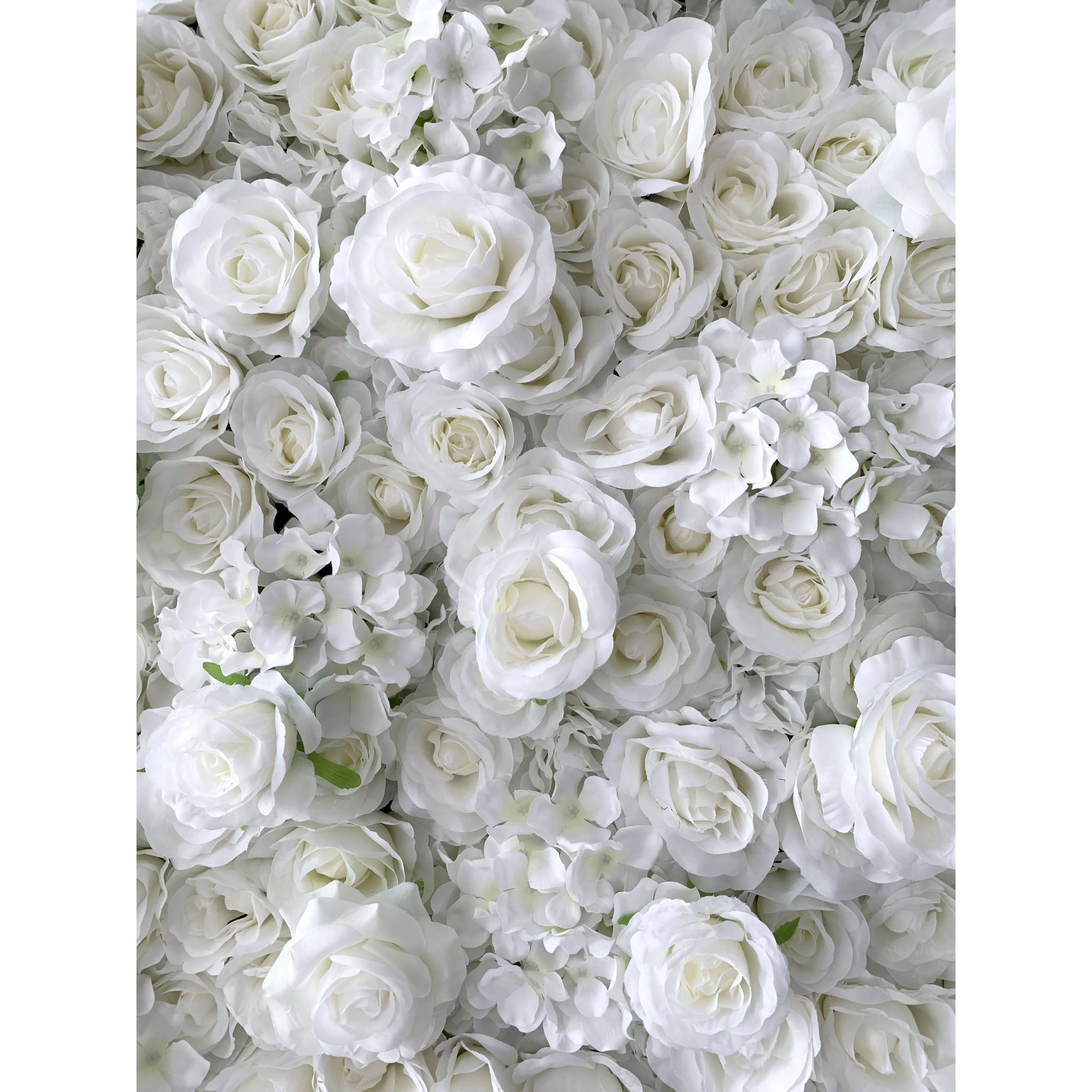 This intimate close-up captures a dense, velvety arrangement of artificial white roses and delicate filler blooms, their layered petals creating a lush, three-dimensional texture. The soft, luminous white hue and intricate floral details evoke timeless elegance and romance, making it a luxurious backdrop for weddings, engagement photos, or upscale event decor.