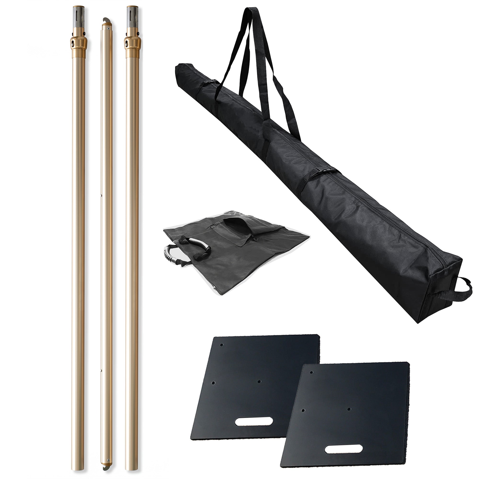 This image showcases a set of backdrop stand equipment. It includes three golden - colored metal poles, likely for constructing the frame. There is also a large black carrying bag with handles for transporting the poles, a smaller black accessory bag with a handle, and two black base plates that provide stability. The set is designed for easy assembly and portability, ideal for event decoration or photography setups.