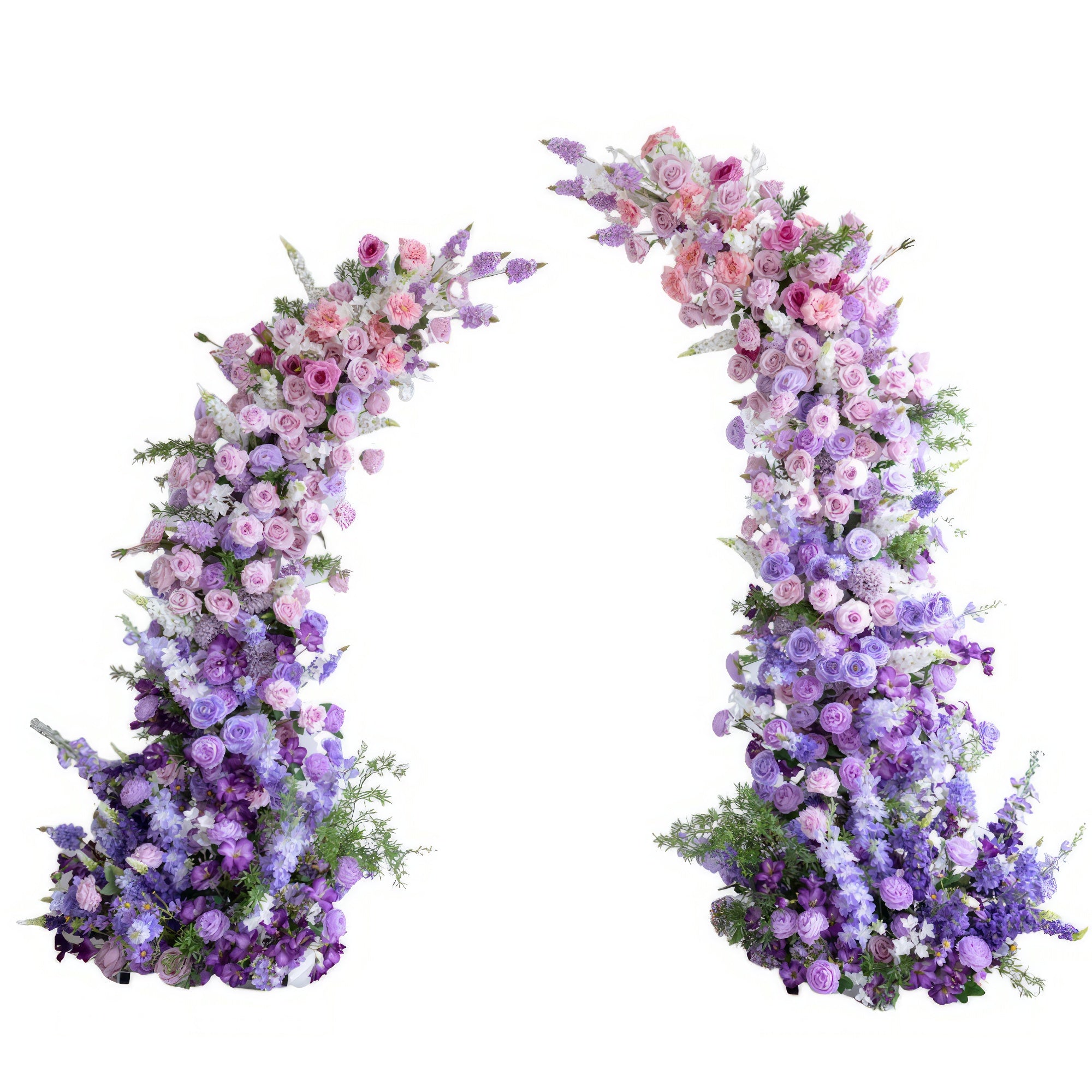 This elegant floral arch from Valar Flowers features a soft gradient of blush pink, lavender, and deep purple blooms—including roses, ranunculus, and hydrangeas—arranged in two cascading columns. Set against a clean white backdrop, it evokes a romantic, sophisticated atmosphere ideal for weddings, engagement photoshoots, or elegant celebrations.