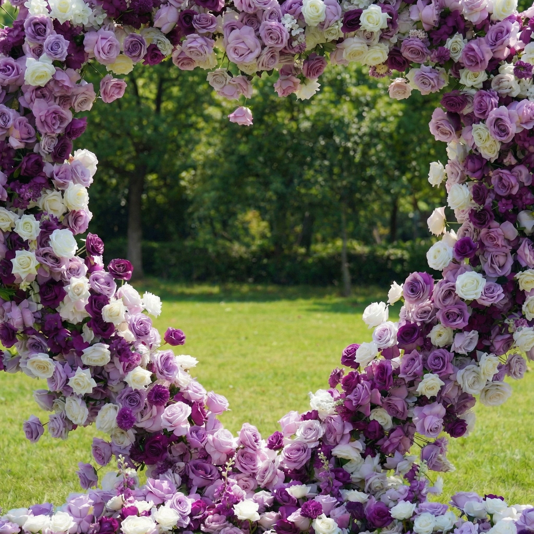 This close-up of a romantic heart-shaped floral arch from **Valar Flowers** showcases a lush tapestry of deep purple, soft lavender, and crisp white blooms—including roses, peonies, and delicate filler flowers. The dense, layered design creates a rich, three-dimensional texture, evoking a dreamy, romantic atmosphere ideal for a heartfelt proposal, engagement photoshoot, or elegant outdoor celebration. Set against a sunlit green lawn and leafy trees, it exudes a soft, joyful ambiance.