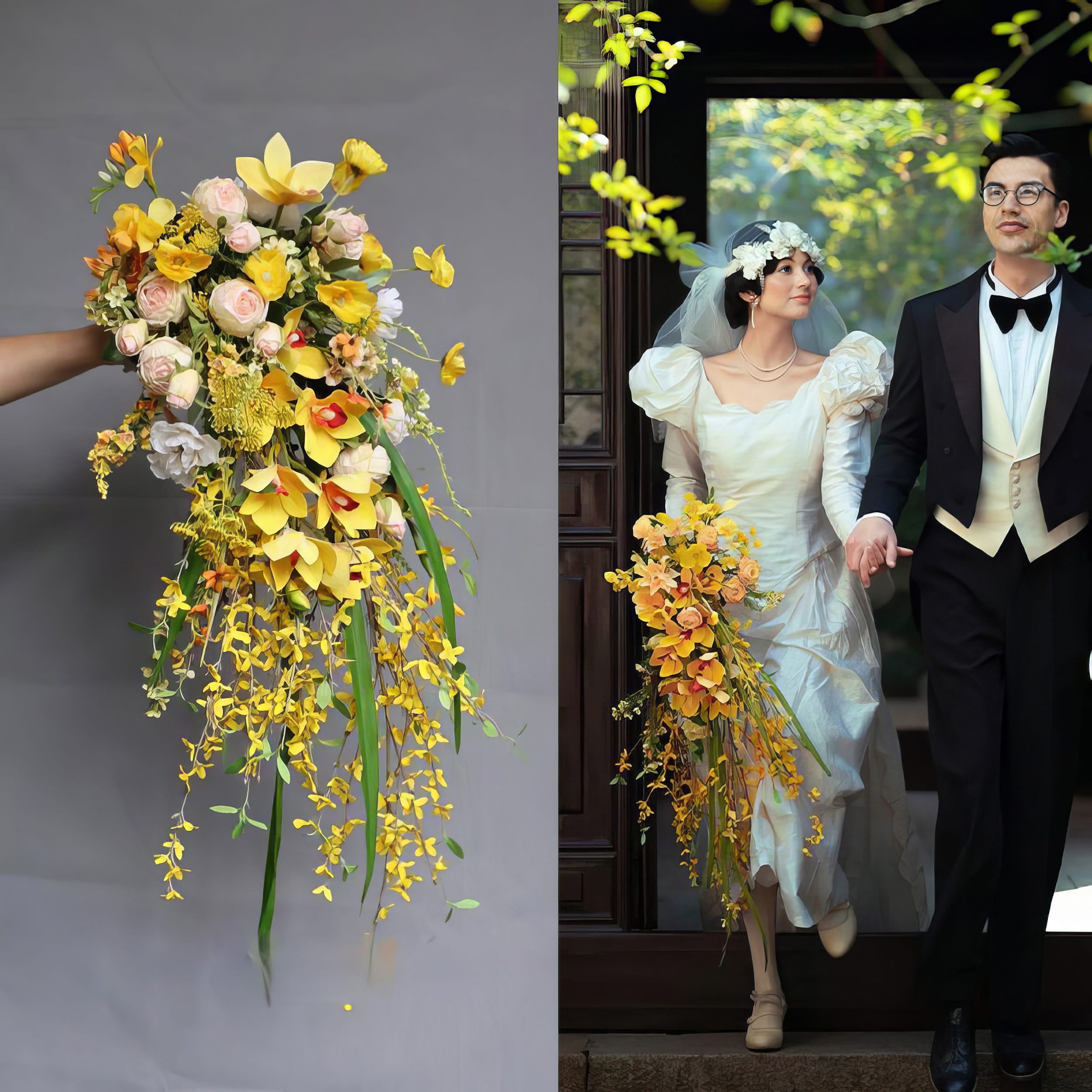 This is a cascading bridal bouquet. It features a vibrant mix of yellow flowers, including orchids and dangling blooms, paired with soft pink roses. The flowing design adds a romantic, whimsical touch, perfectly complementing the bride&
