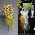 This is a cascading bridal bouquet. It features a vibrant mix of yellow flowers, including orchids and dangling blooms, paired with soft pink roses. The flowing design adds a romantic, whimsical touch, perfectly complementing the bride&