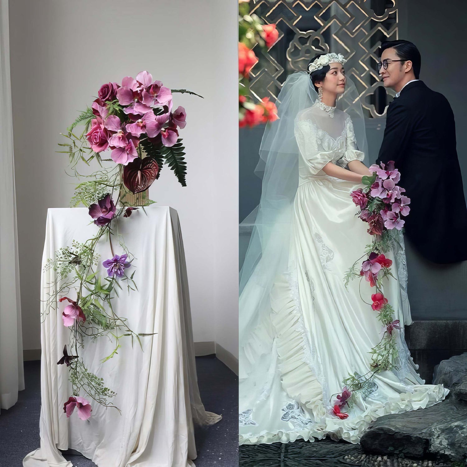 This is a romantic bridal floral arrangement. It combines pink orchids, purple blooms, and greenery, with trailing vines. Paired with a vintage - style wedding dress, it creates an elegant, dreamy look, perfect for a nostalgic or garden - themed wedding.