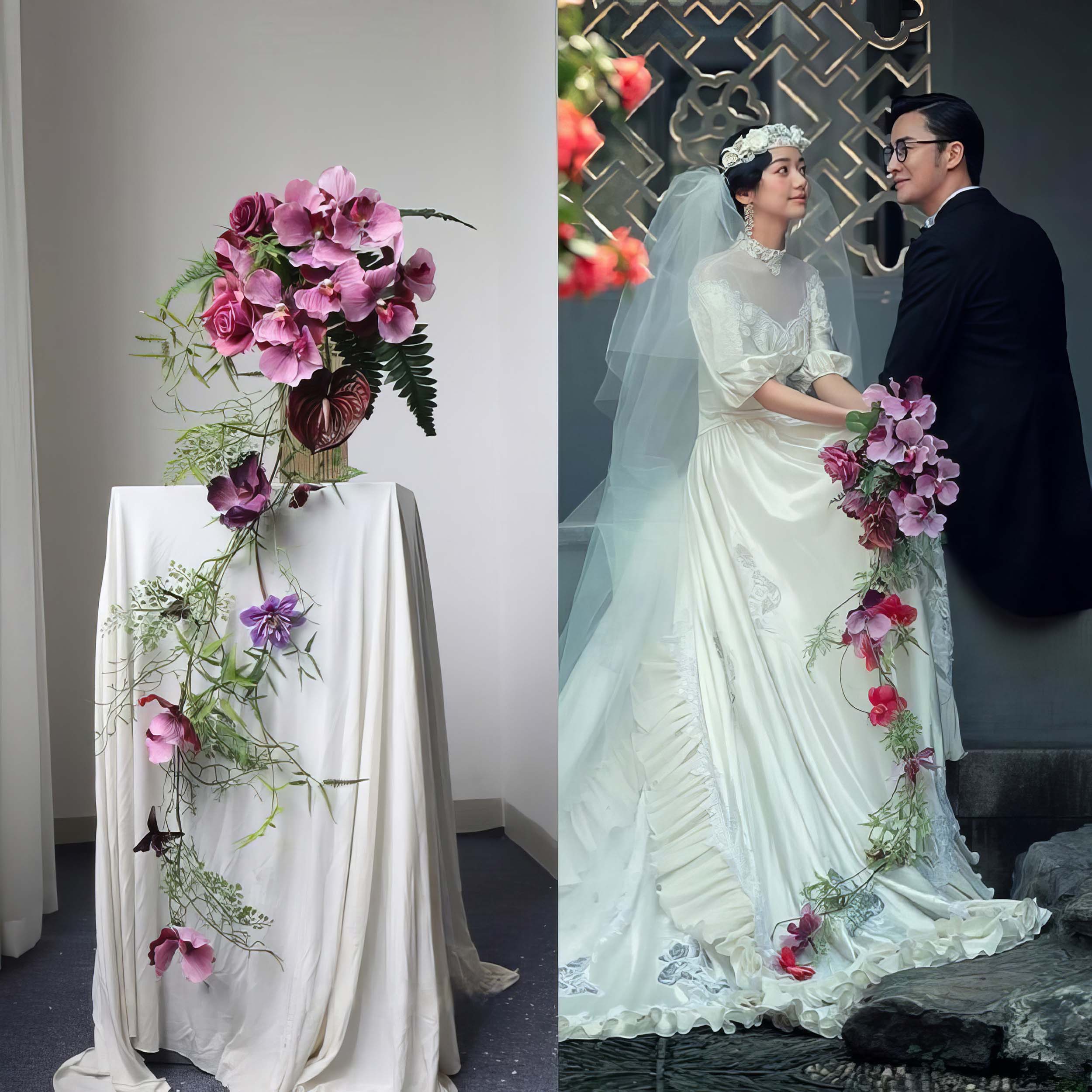 This is a romantic bridal floral arrangement. It combines pink orchids, purple blooms, and greenery, with trailing vines. Paired with a vintage - style wedding dress, it creates an elegant, dreamy look, perfect for a nostalgic or garden - themed wedding.