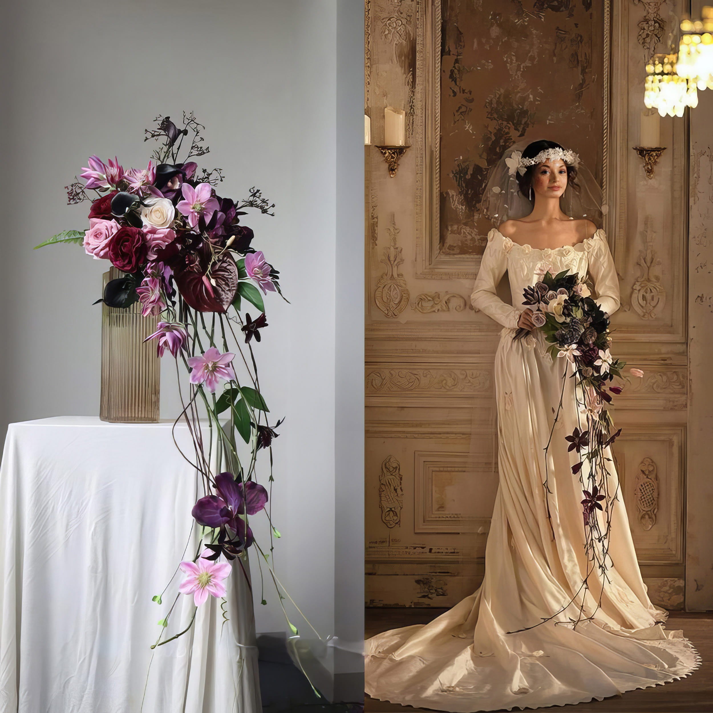 This is an elegant, cascading bridal bouquet. It blends deep red roses, pink blooms, purple orchids, and trailing greenery. Paired with a vintage - style, off - shoulder wedding dress, it creates a romantic, timeless look, perfect for a classic or bohemian - inspired wedding.