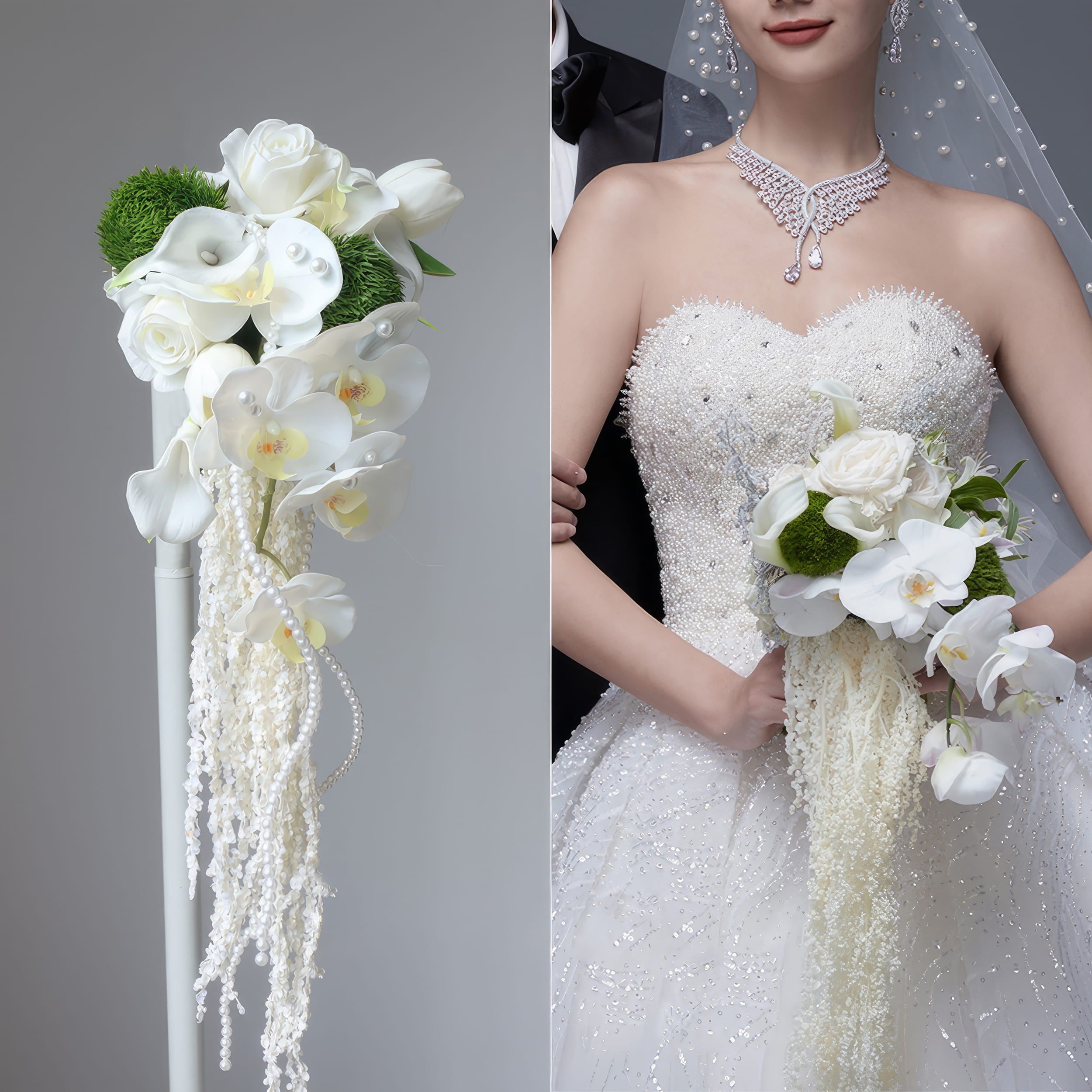 This is an elegant cascading bridal bouquet. It combines white roses, calla lilies, orchids, and green spheres. Trailing pearl - like strands add a romantic touch. Paired with a sparkling wedding dress, it creates a sophisticated and dreamy bridal look, perfect for a memorable wedding.
