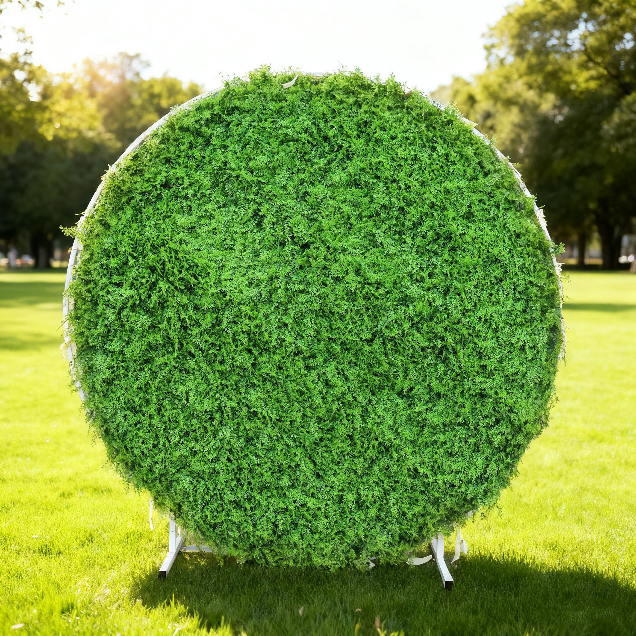 This image showcases a round artificial greenery backdrop by Valar Flowers, set outdoors on a lush green lawn. It features dense, textured green foliage, creating a natural and vibrant display. Bathed in sunlight, this circular piece is perfect for adding a touch of organic elegance to events or photo setups, exuding a serene and sophisticated atmosphere.