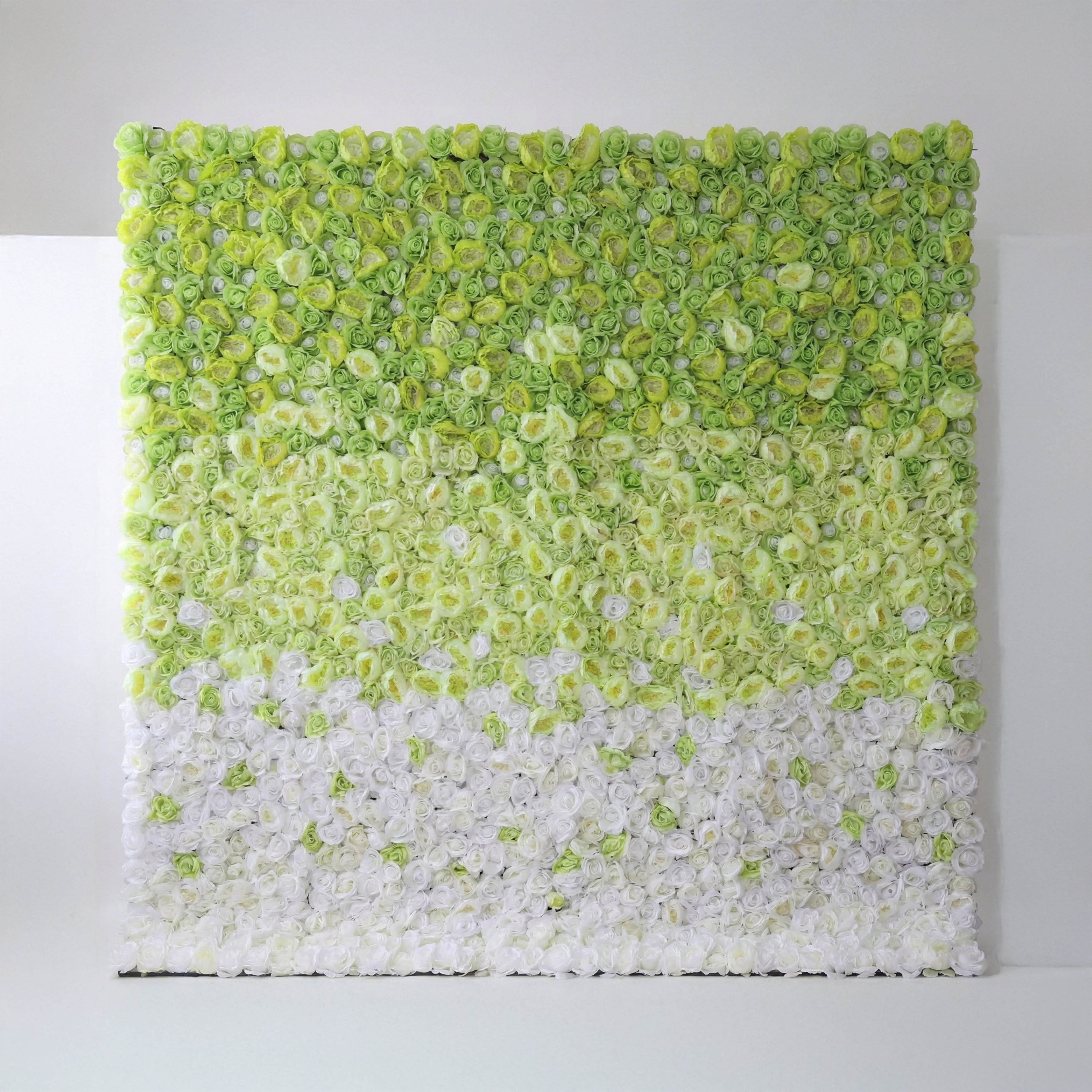 This is a square artificial flower wall from **Valar Flowers**, featuring a smooth gradient from vibrant green and yellow blooms at the top to soft white flowers at the bottom. Set against a plain white background, it creates a fresh, modern, and refreshing aesthetic ideal for photo shoots, weddings, or special event decor.