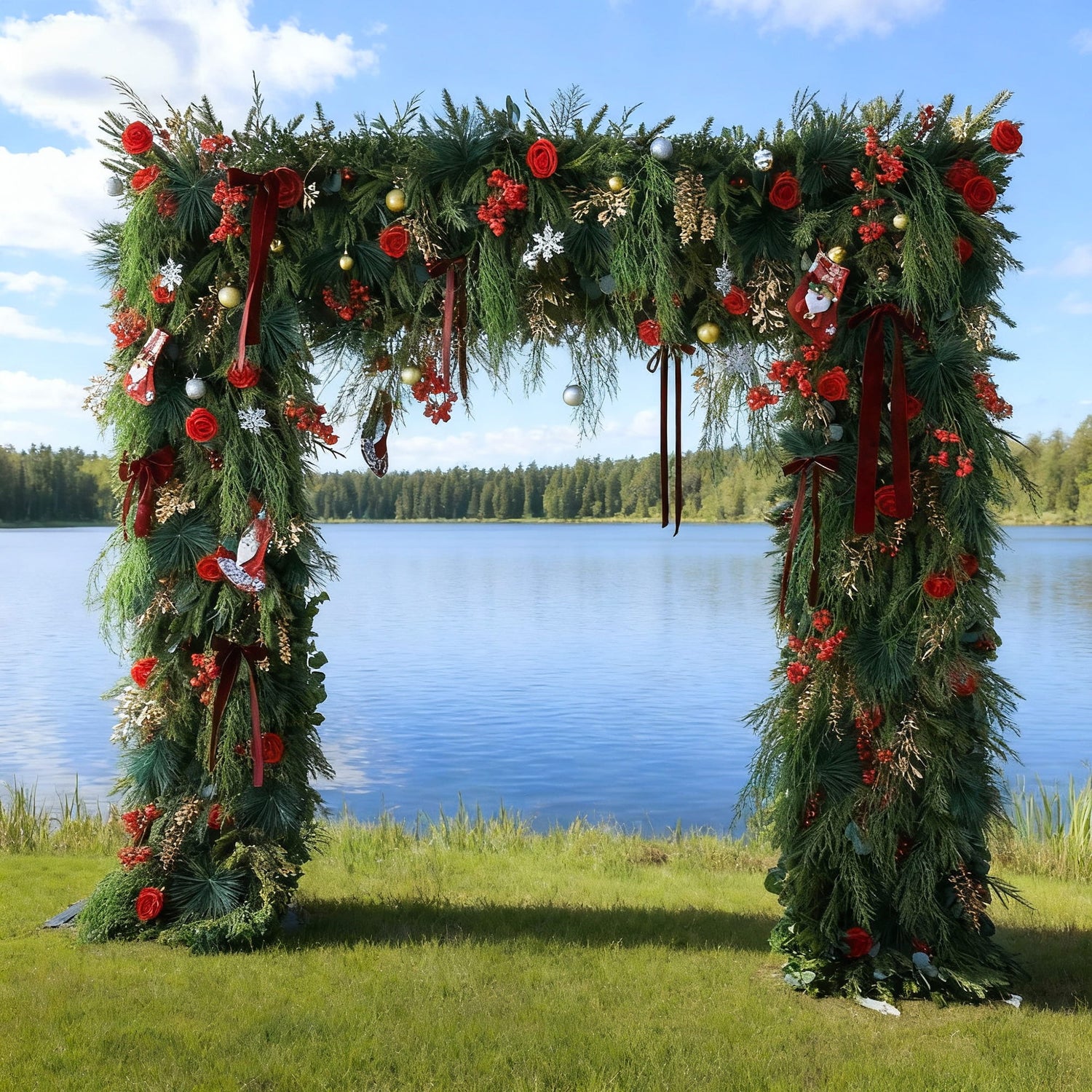 This image showcases a festive Christmas arch set by a serene lake. Adorned with lush green foliage, vibrant red roses, berries, and decorations like stockings, ribbons, and baubles, the arch exudes holiday cheer. Behind it, the calm lake reflects the blue sky with scattered clouds, and a forest lines the distant shore. The grassy foreground and bright, clear weather enhance the joyful, picturesque Christmas atmosphere.