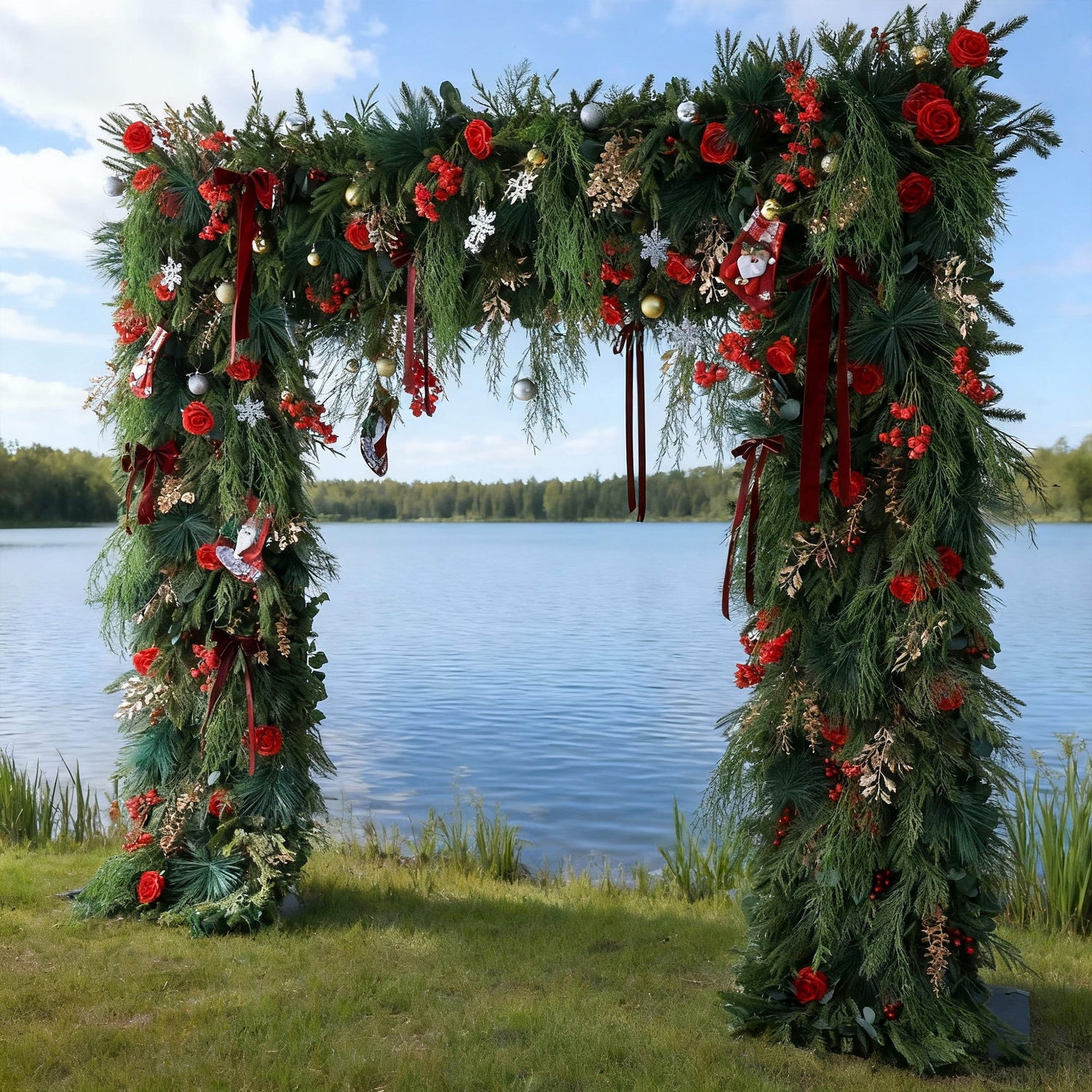 This image features a festive Christmas arch by a serene lake. Adorned with lush green foliage, vibrant red roses, berries, and decorations like stockings, ribbons, and baubles, the arch radiates holiday cheer. Behind it, the calm lake mirrors the blue sky with scattered clouds, while a forest lines the distant shore. The grassy foreground and bright, clear weather enhance the joyful, picturesque Christmas atmosphere.
