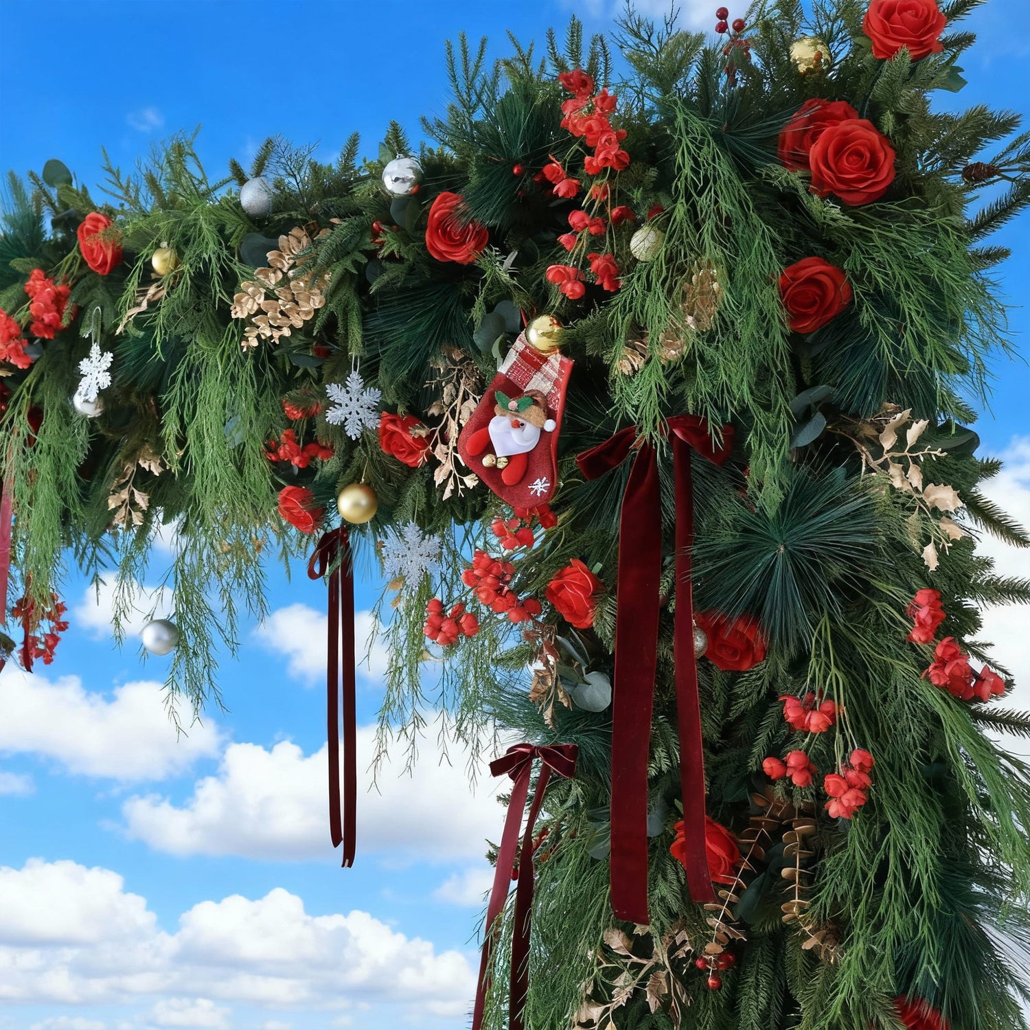 This image showcases a festive Christmas arch adorned with lush green foliage. It features vibrant red roses, berries, and classic Christmas decorations like snowflakes, baubles in gold and silver, and a small stocking with a Santa motif. Deep red ribbons add an elegant touch. Set against a bright blue sky with scattered white clouds, the arch exudes a warm, joyful holiday charm, perfect for Christmas celebrations.