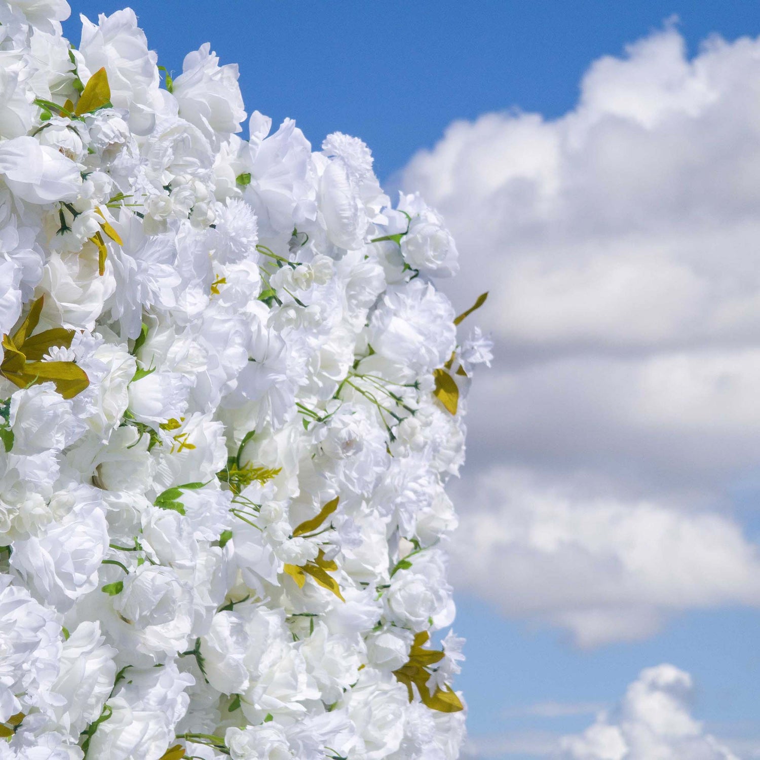 This backdrop showcases a dense arrangement of artificial white flowers, such as roses and other blooms, with some green and golden - toned leaves. The all - white color with subtle accents exudes elegance and purity.
It is suitable for weddings, symbolizing love and new beginnings; corporate events, to add a touch of sophistication; and bridal showers, to enhance the celebratory and delicate atmosphere.