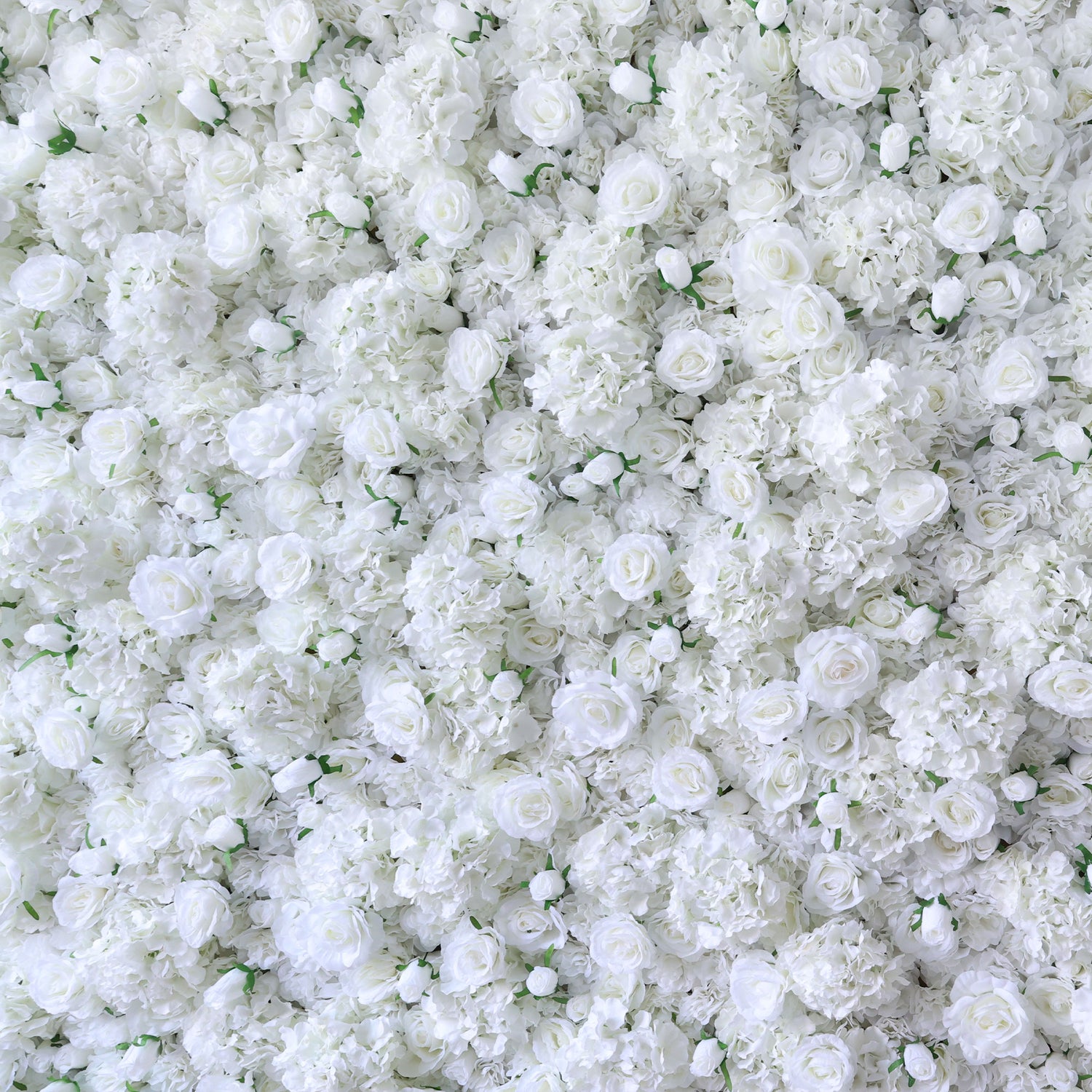 This image presents a dense arrangement of white artificial flowers, featuring a variety of blooms like roses and hydrangeas. The flowers are tightly packed, creating a lush, voluminous, and pure - looking display. The uniform white hue gives a sense of elegance and serenity, making it an ideal decorative element for events or as a striking backdrop, evoking feelings of sophistication and natural beauty.