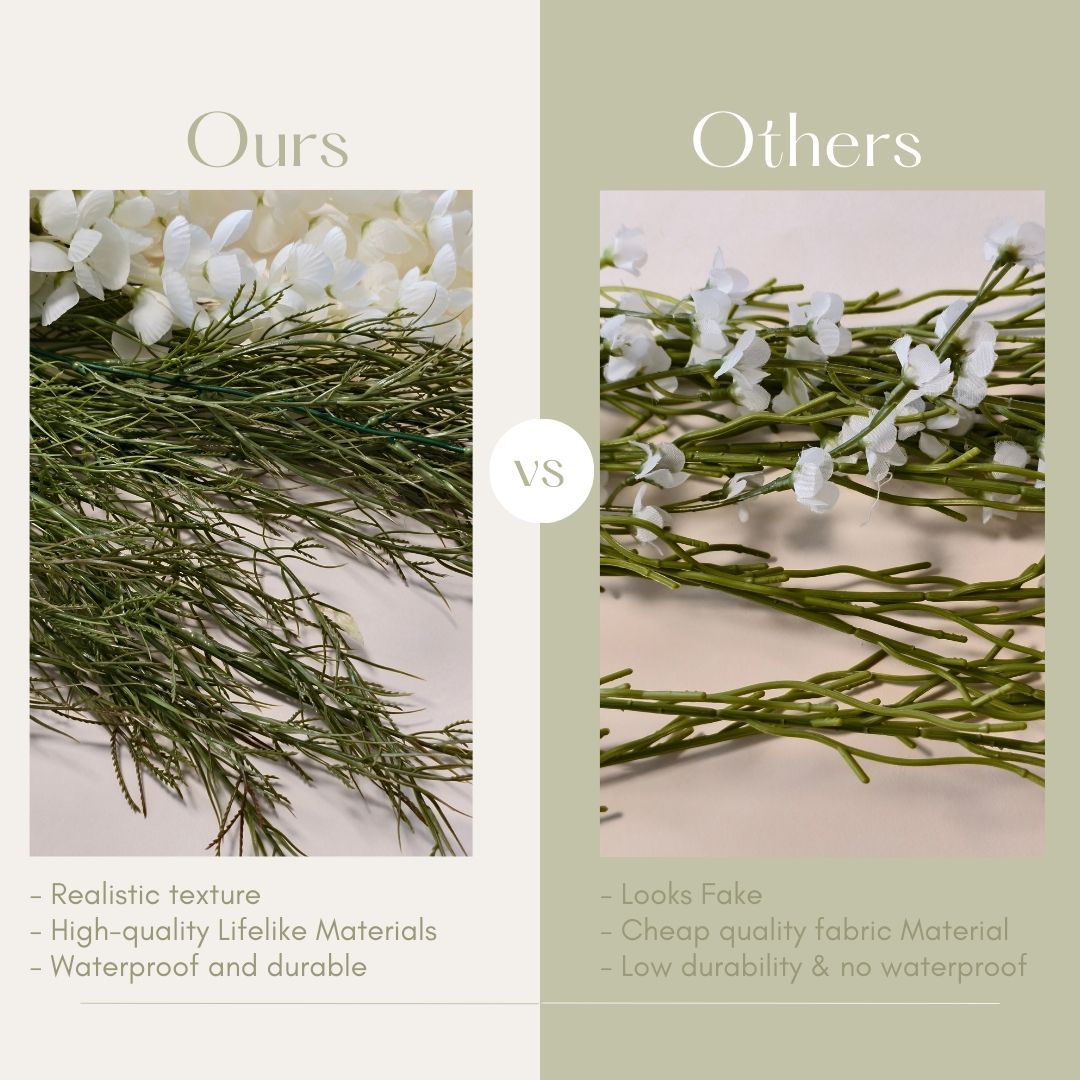 The image compares two types of white flower arrangements. "Ours" features realistic texture, high - quality materials, and is waterproof and durable. "Others" looks fake, made of cheap fabric, with low durability and no waterproofing.