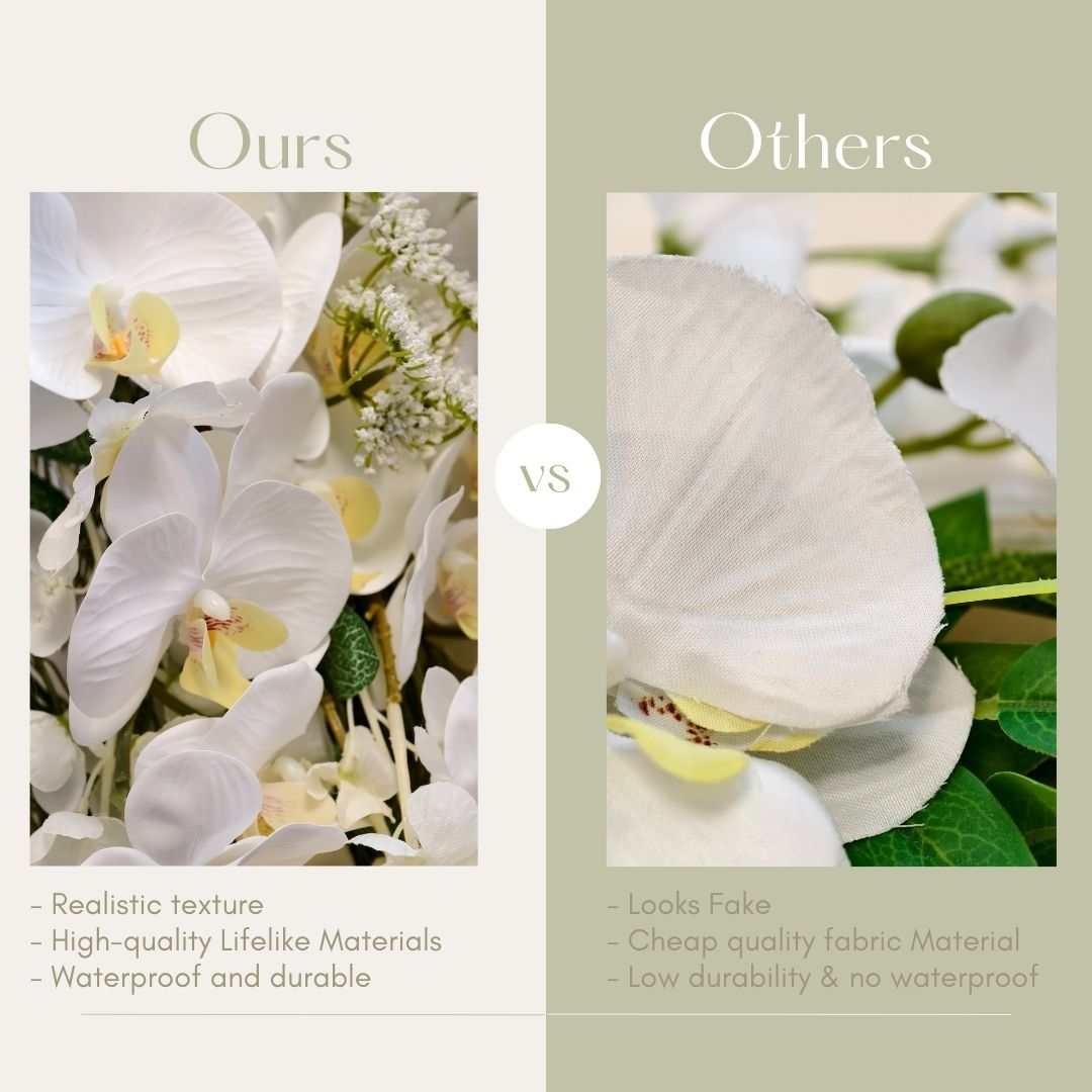 The image contrasts two types of white flowers. "Ours" have realistic texture, are made of high - quality materials, and are waterproof and durable. "Others" look fake, made of cheap fabric, with low durability and no waterproofing.