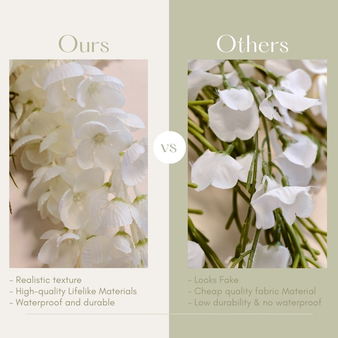 The image compares two types of white flowers. The flowers labeled "Ours" have a realistic texture, are made of high - quality, lifelike materials, and are waterproof and durable. In contrast, the "Others" flowers look fake, with cheap fabric material and low durability.