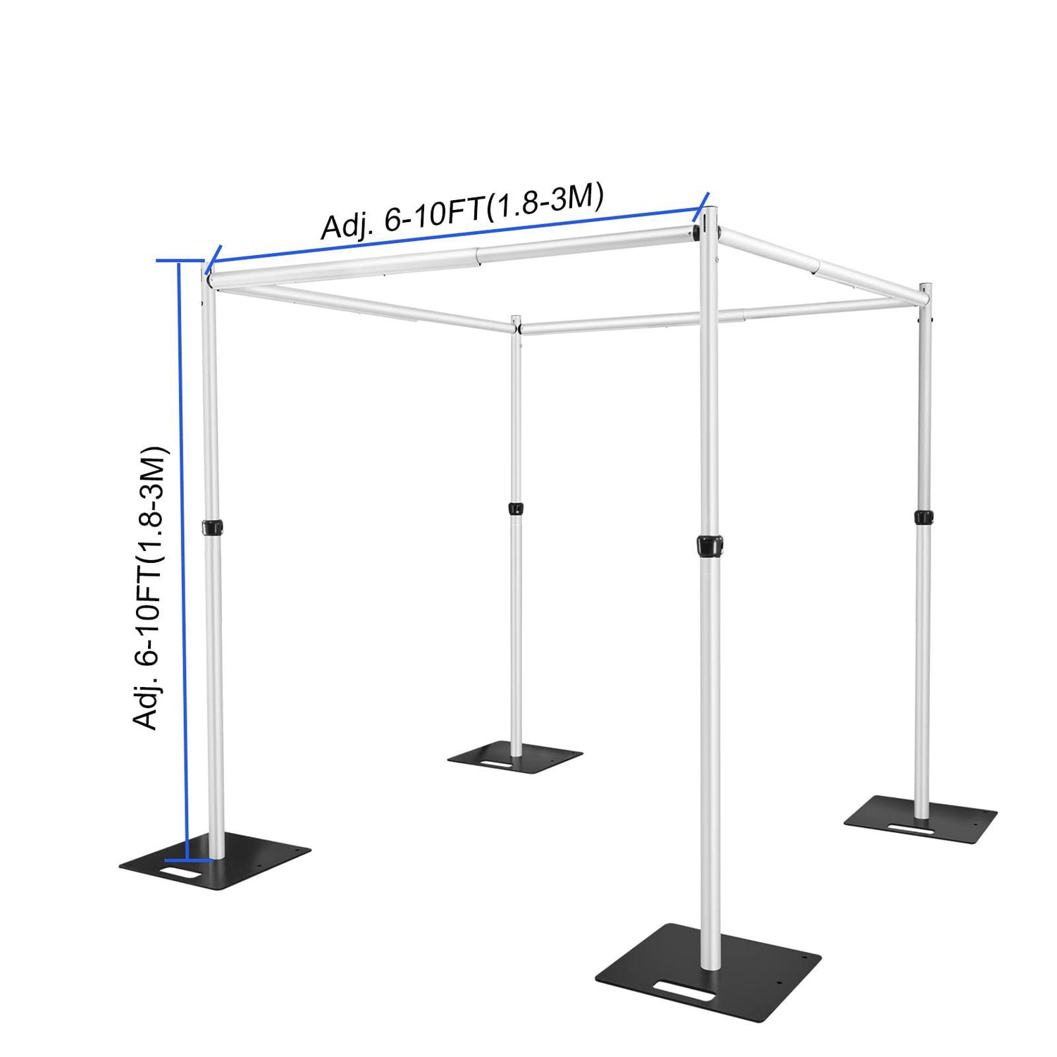 This image from Valarflowers features a metal backdrop stand with adjustable height and width. The vertical poles and horizontal beams are silver - colored, and the stand is supported by black rectangular bases. The height can be adjusted from 6 - 10 feet (1.8 - 3 meters), and the width can also be adjusted within the same range, making it versatile for various event or photography needs.